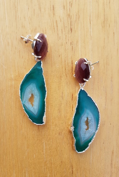 925 Sterling Silver Green Agate Purple Mona Lisa Stone Earrings