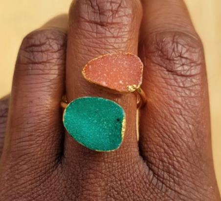 Double Druzy Agate Stone Semi Precious Gold Ring2