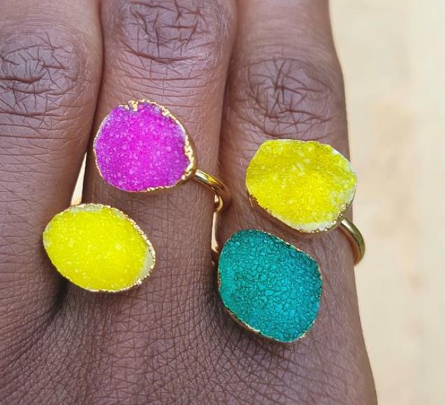 Double Druzy Agate Stone Semi Precious Gold Ring3