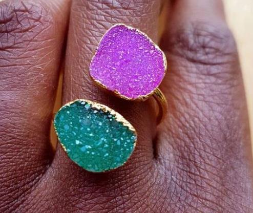 Double Druzy Agate Stone Semi Precious Gold Ring4