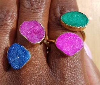 Double Druzy Agate Stone Semi Precious Gold Ring5