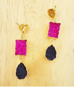 Pink and Black Druzy Agate Stone Gold Drop Earrings