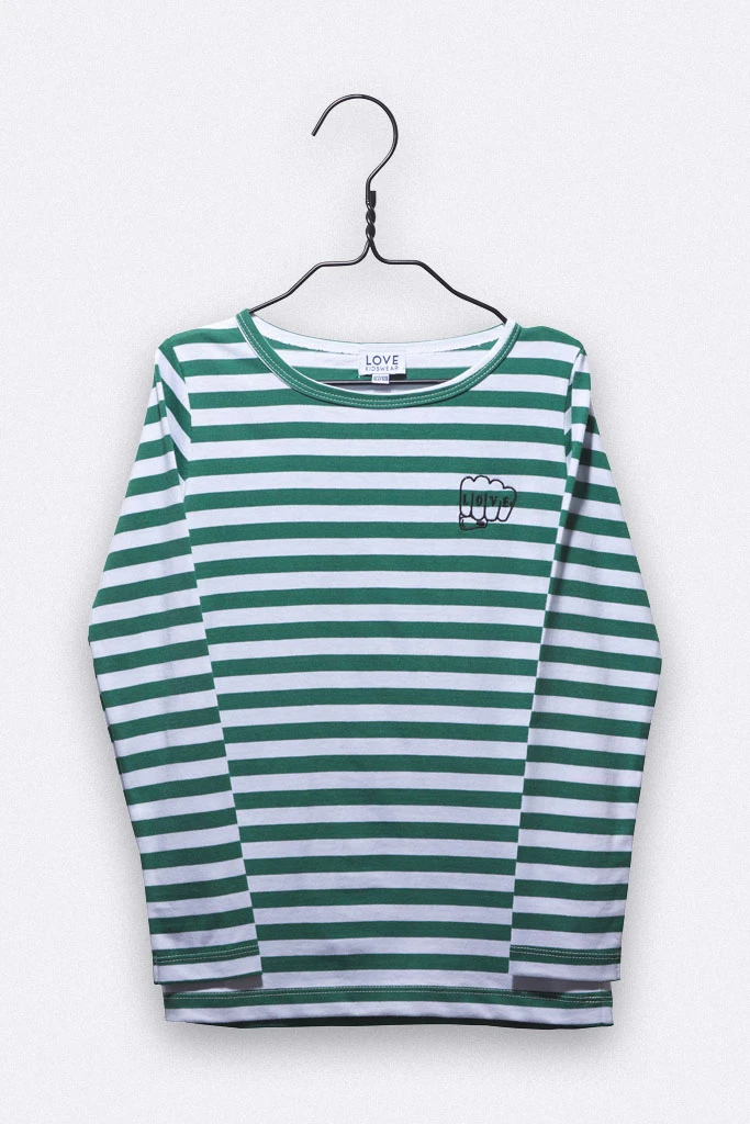 Tommy longsleeve in green & white stripes with LOVE-fist embroidery2