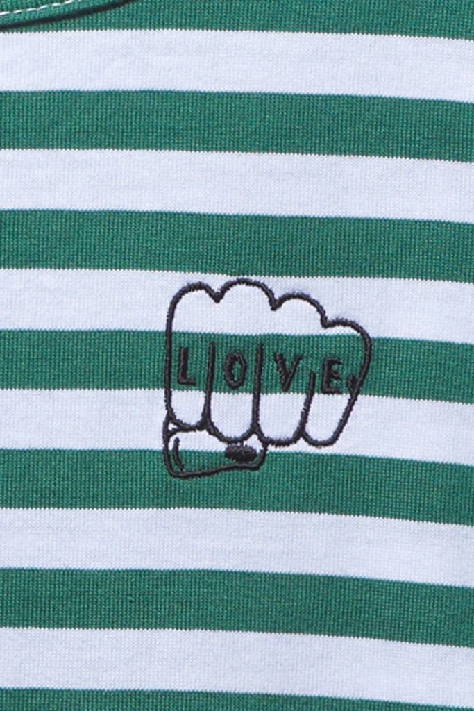 Tommy longsleeve in green & white stripes with LOVE-fist embroidery3