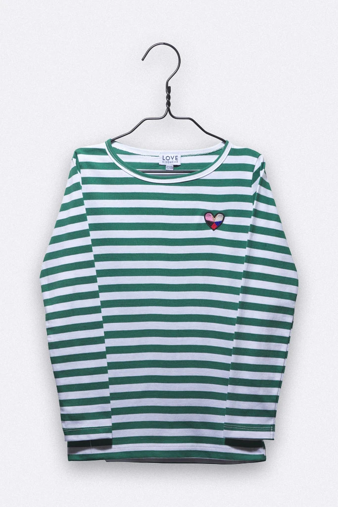 Tommy longsleeve in green & white stripes with little heart embroidery1