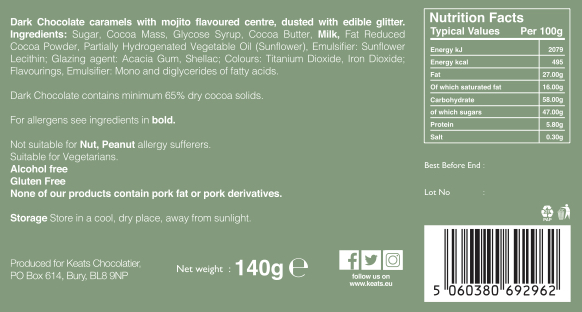 Keats Chocolate Dark Chocolate Shimmering Mini Truffles Mojito Flavoured ingridents list