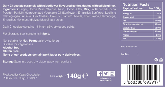 Keats Chocolates Dark Chocolate Shimmering Mini Truffles Elderflower flavored ingridents list