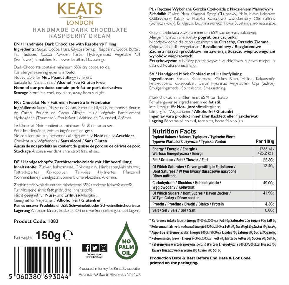 Keats Dark Chocolate Raspberry Dream 150g label