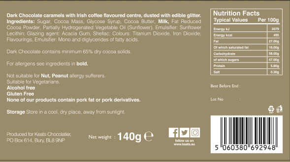 Keats Dark Chocolate Shimmering Mini Truffles Irish Coffee ingridents list