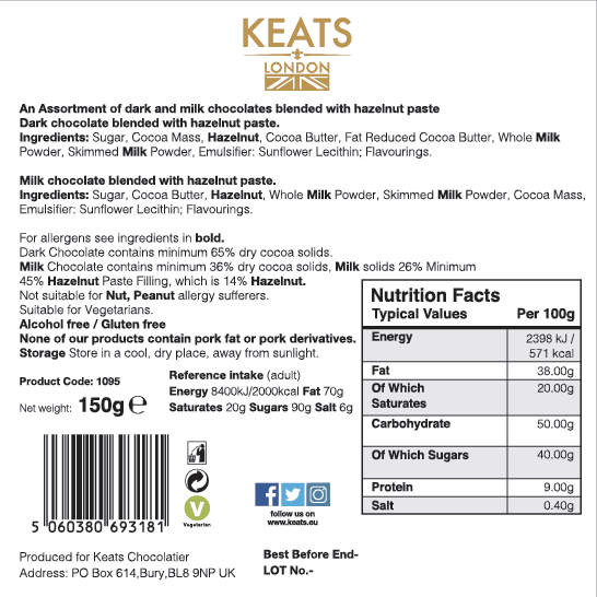 Keats Hazelnut Chocolate Treats Milk and Dark Star Box label