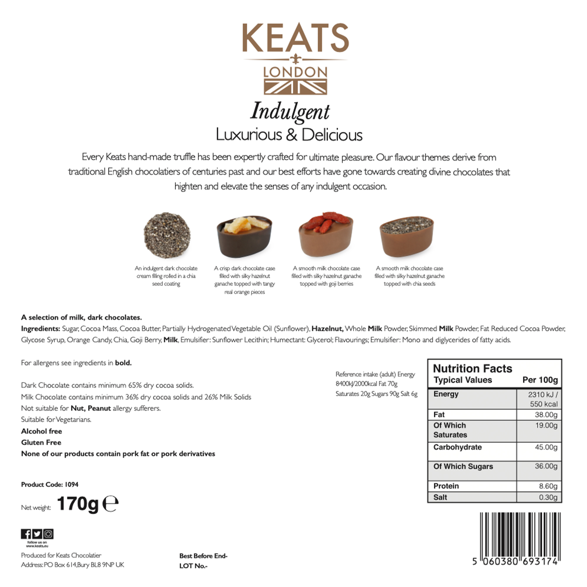 Keats Luxury Chia seed and Fruit Chocolate 16pcs 1094