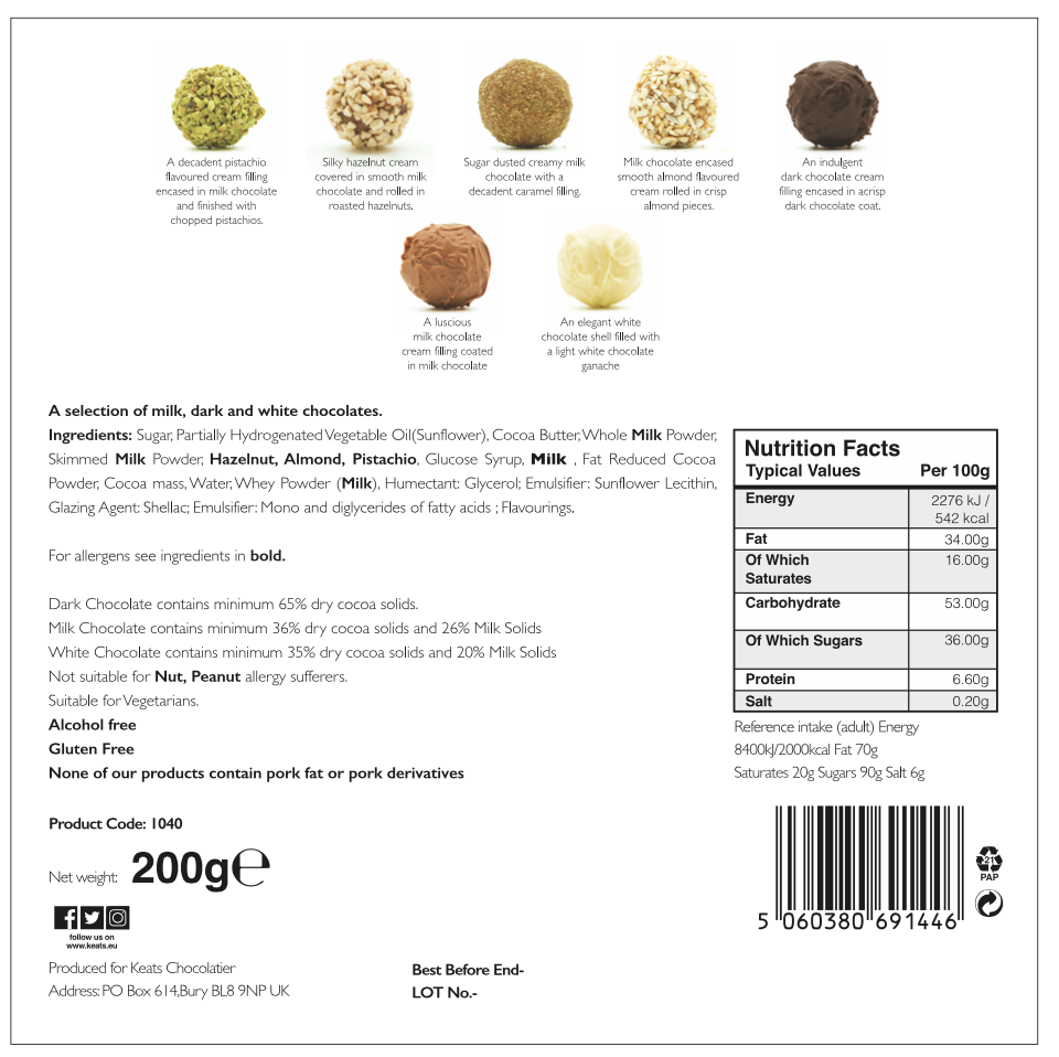 Keats Original Truffle Selection Ribbon Box 200g label