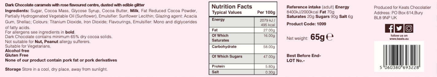 Keats Shimmering Dark Chocolate Truffles Gift Box 10pcs Rose Flavour label