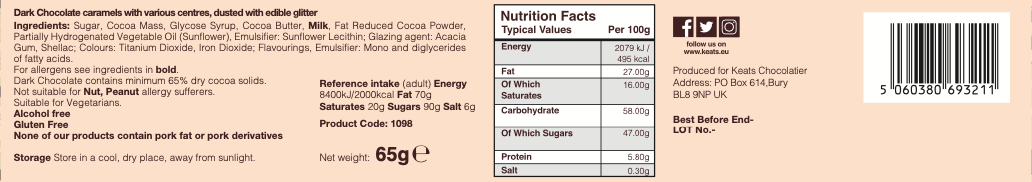 Keats Shimmering Dark Chocolate Truffles Pinacolada and Cosmopolitan Gift Box Label
