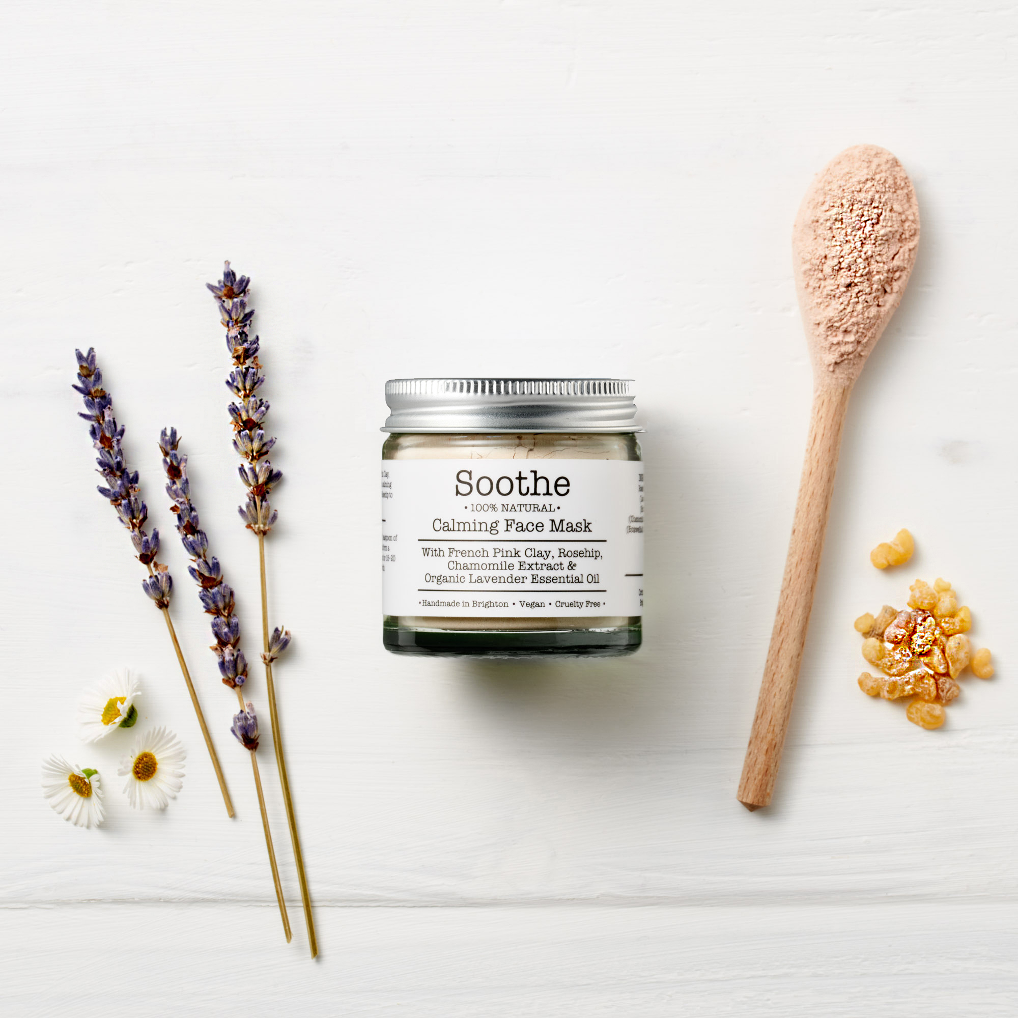 Soothe Face Mask with Lavender, Chamomile, Rosehip. Organic, vegan, cruelty free, 100% natural, zero waste.