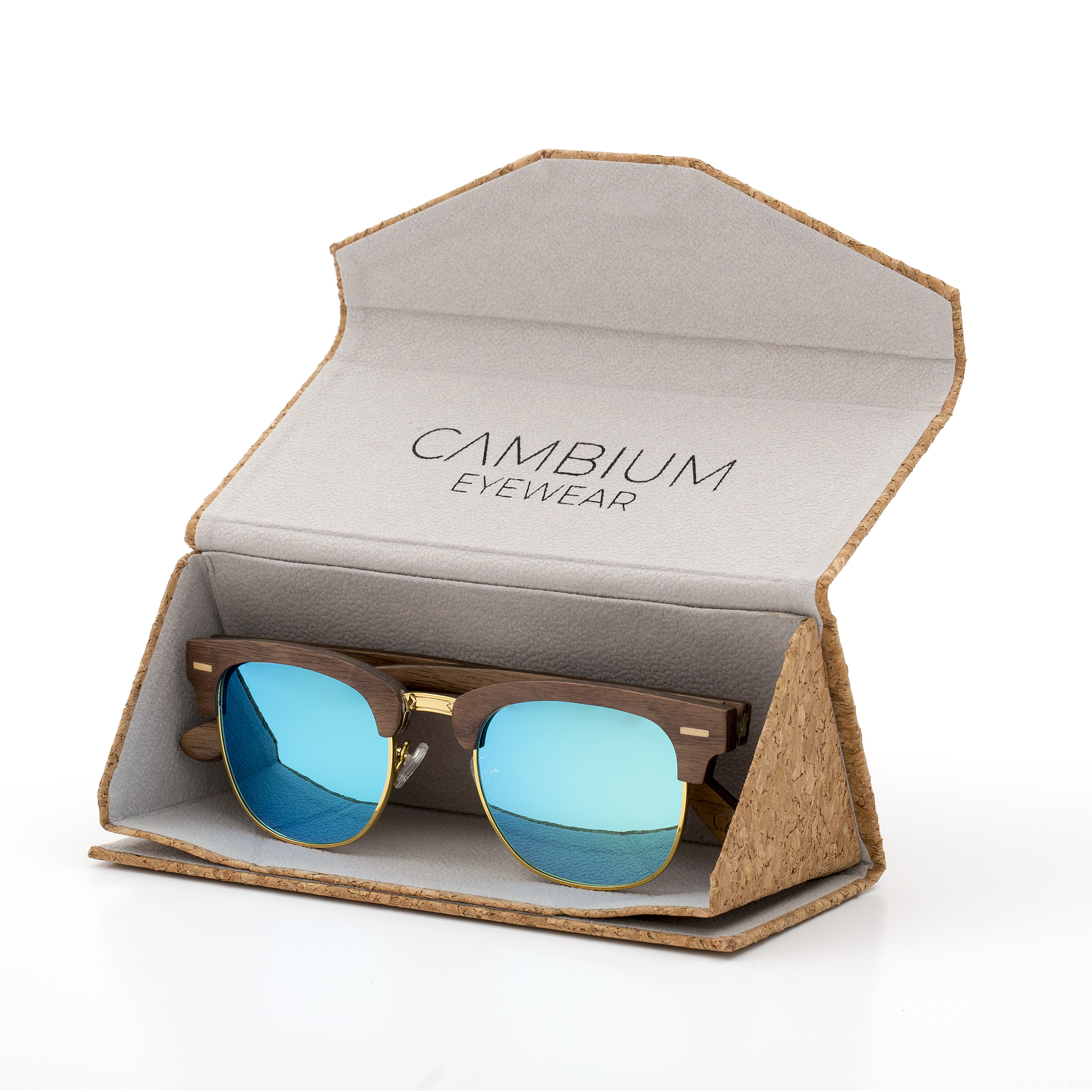 Clubmaster-Walnut-Wood-frame-Sunglasses-with-Ice Blue-lens-cork-case-shot