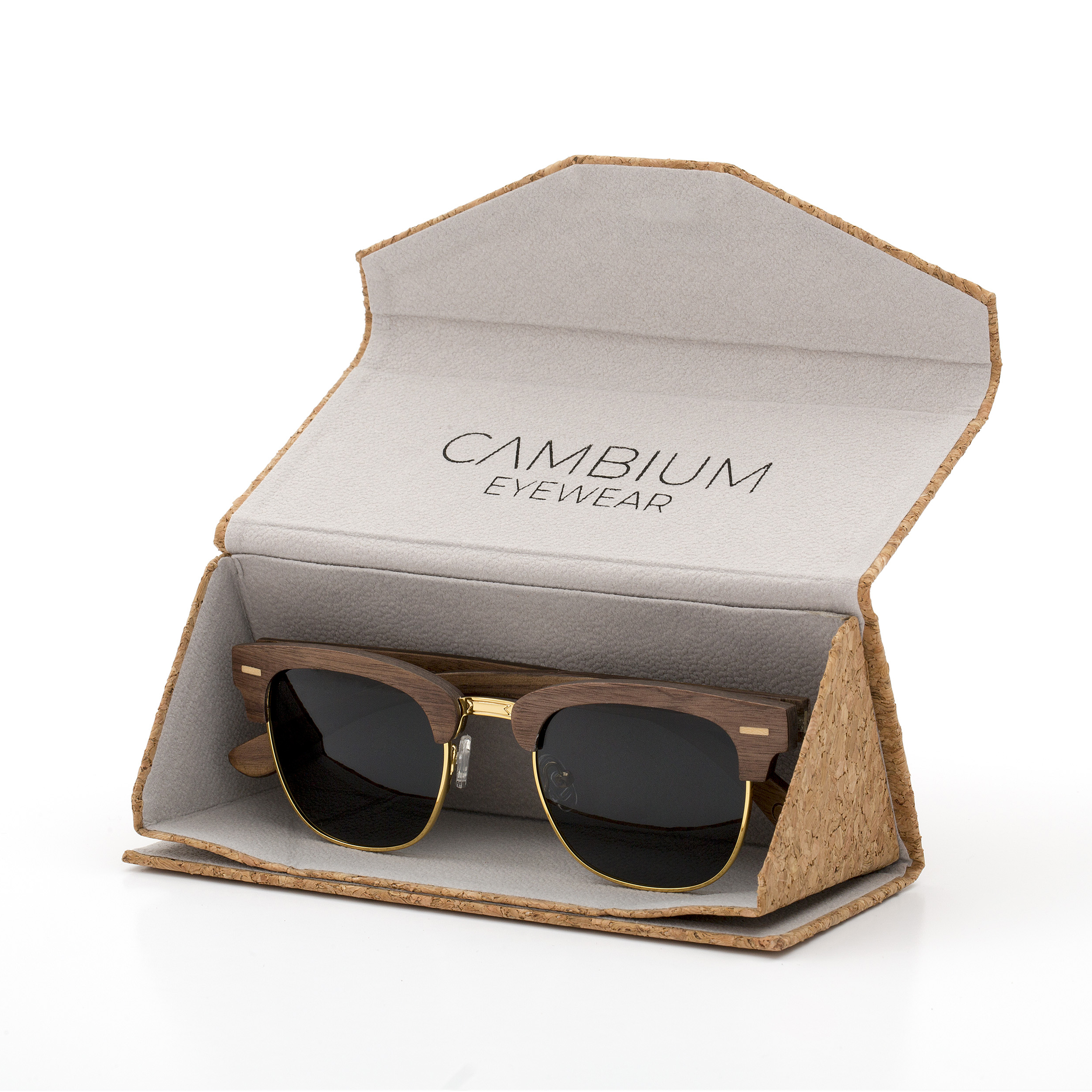 Clubmaster-Walnut-Wood-frame-Sunglasses-with-black-lens-cork-case-shot