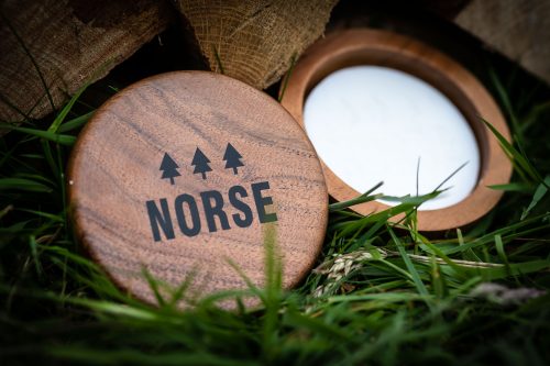 Norse shaving soap in wooden bowl lid off