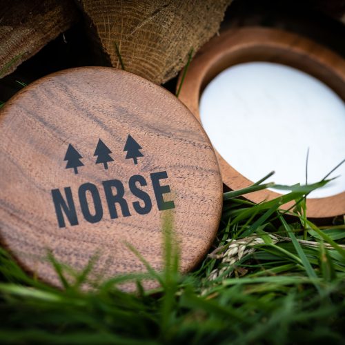 Norse shaving soap in wooden bowl lid off