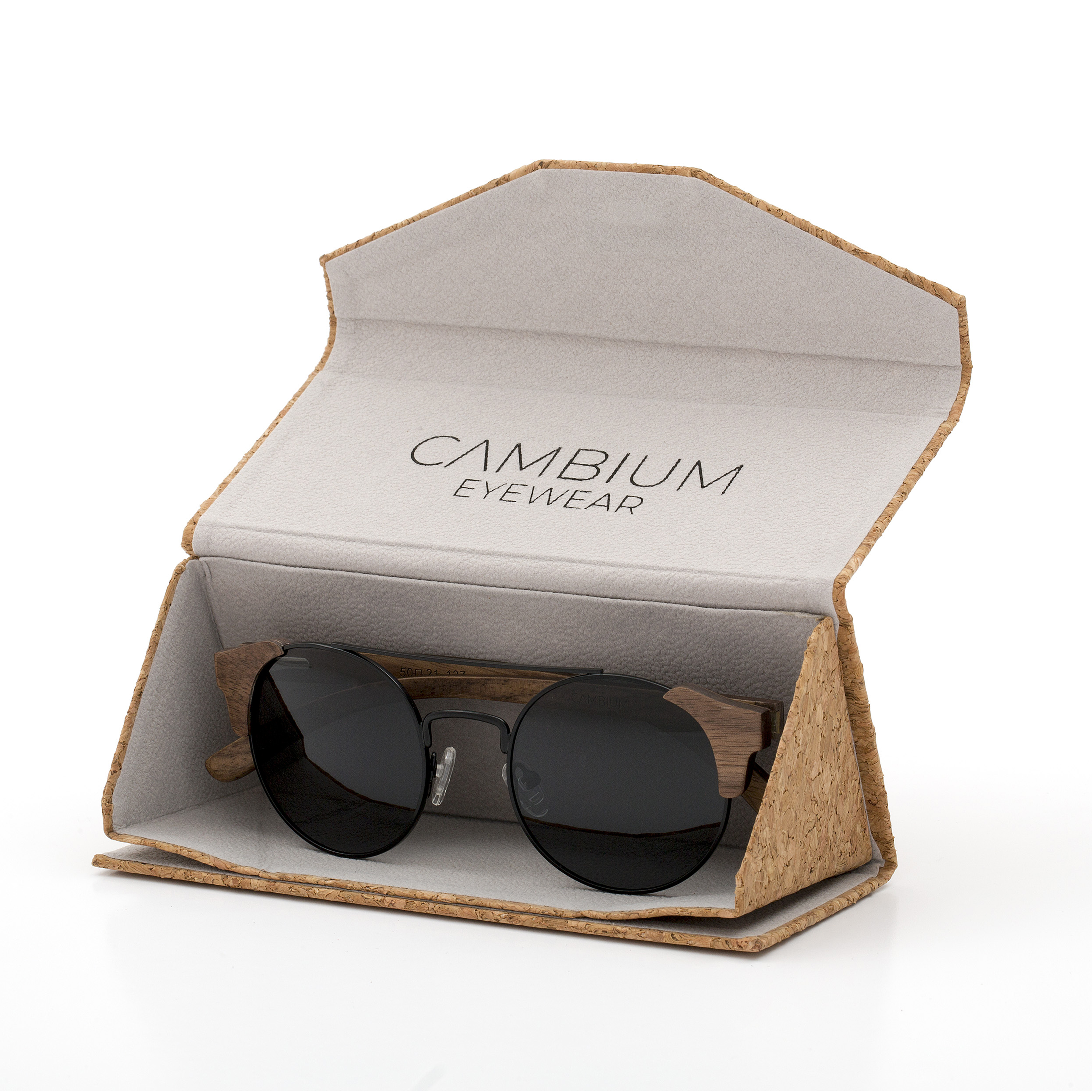 Vintage-Shape-Walnut-Wood-frame-Sunglasses-with-Black-lens-cork-case-shot