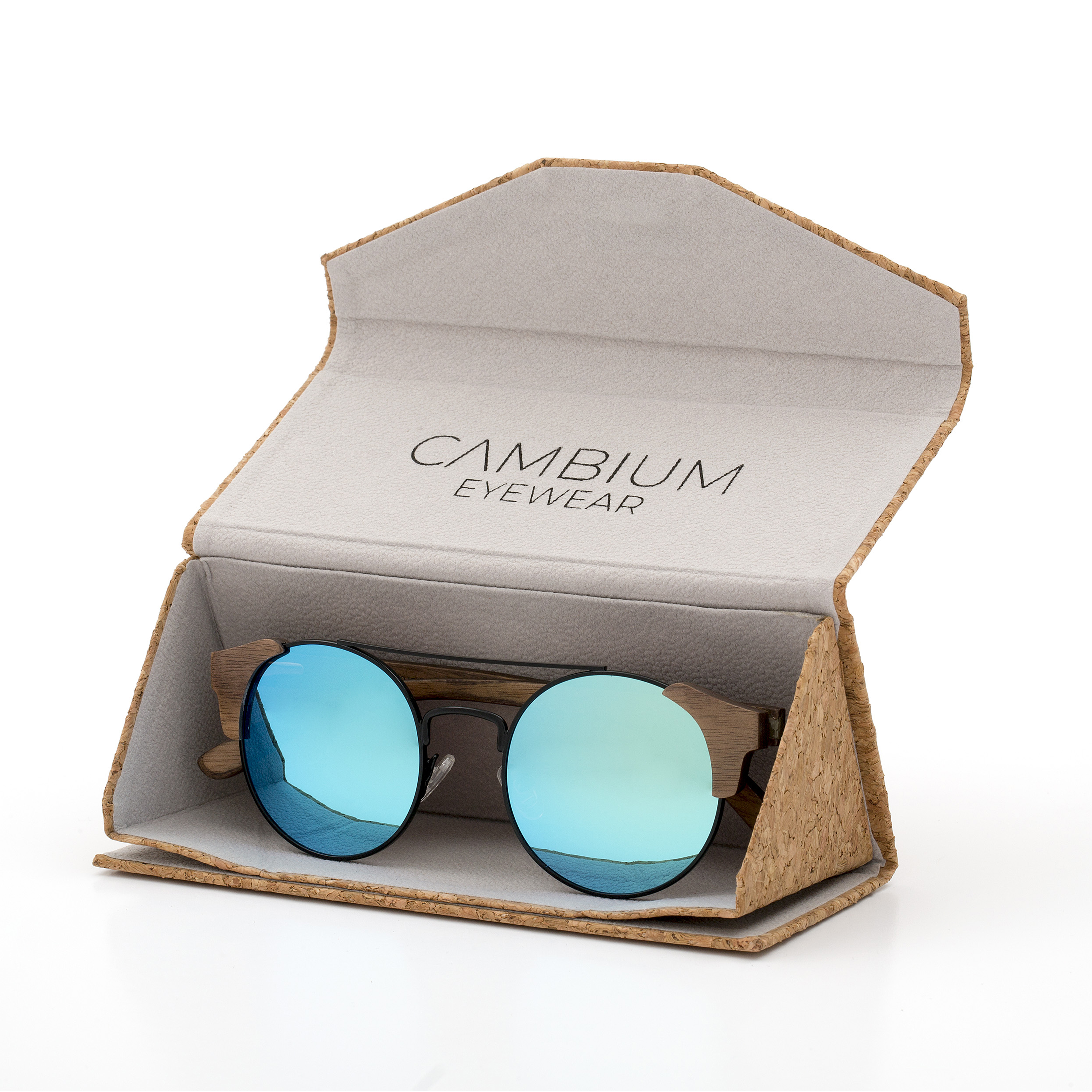 Vintage-Shape-Walnut-Wood-frame-Sunglasses-with-Ice-Blue-lens-cork-case-shot