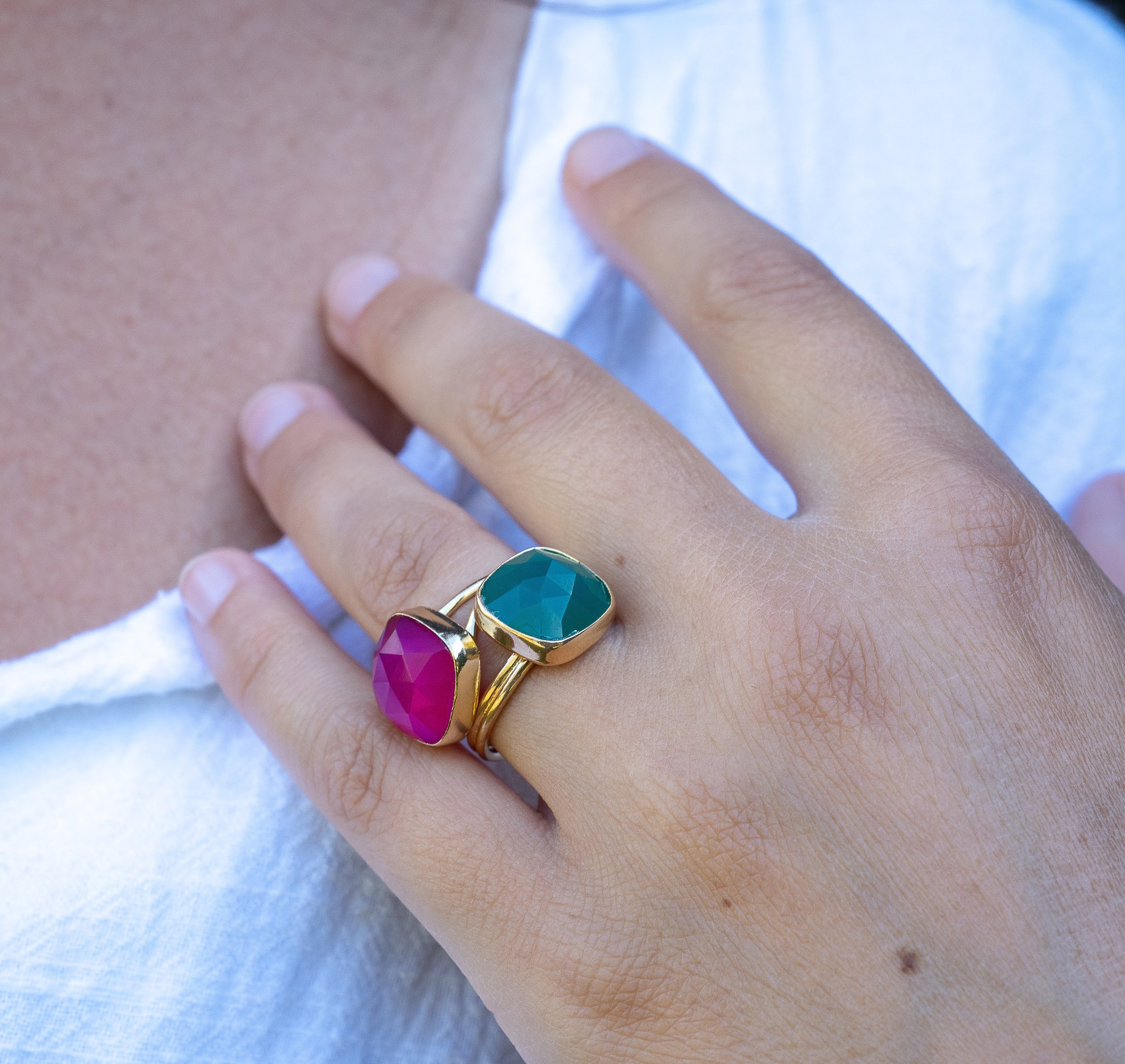 yaa yaa london pink green onyx rings