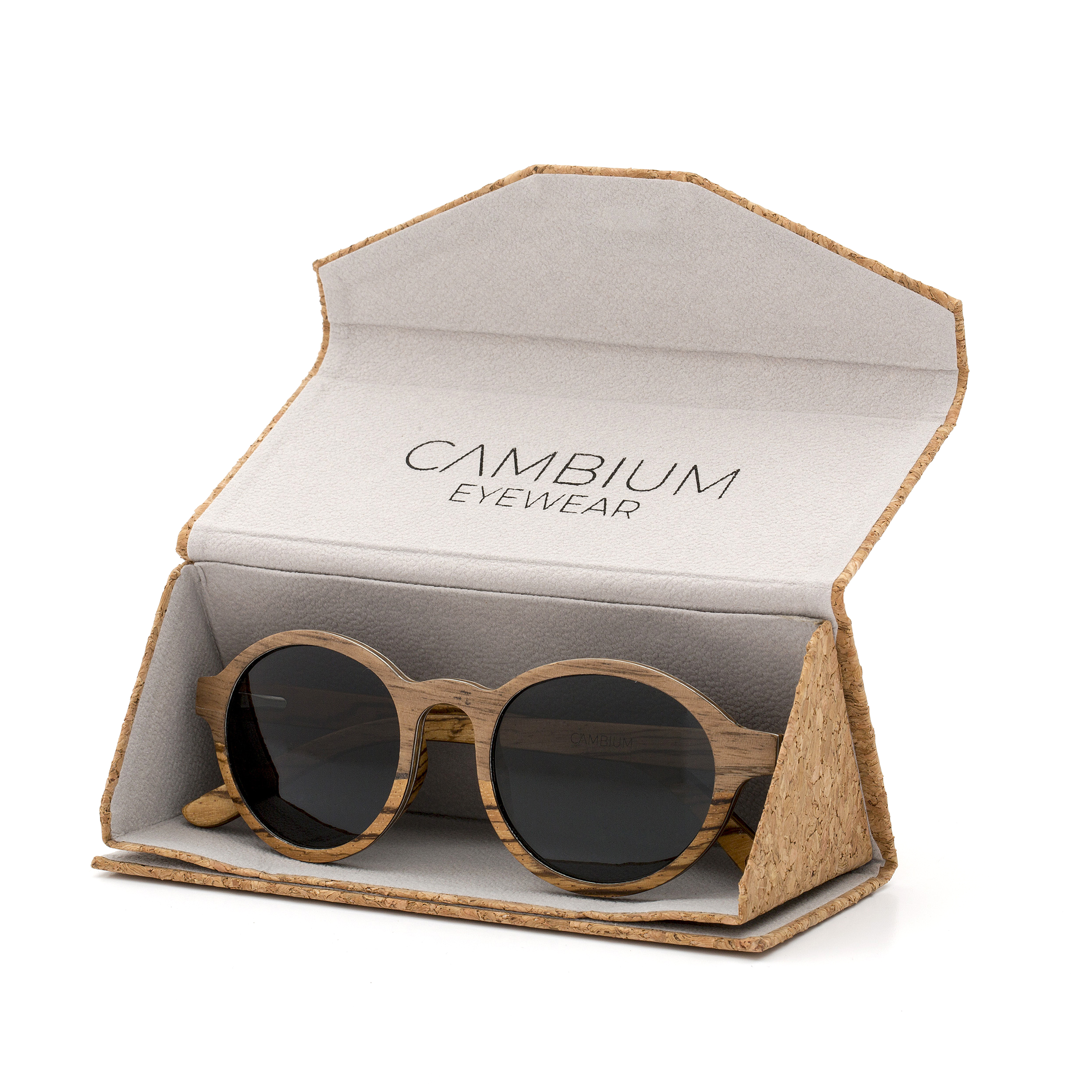 Circular-Walnut-and-Zebrano-Wood-frame-Sunglasses-with-black-lens-cork-case-shot