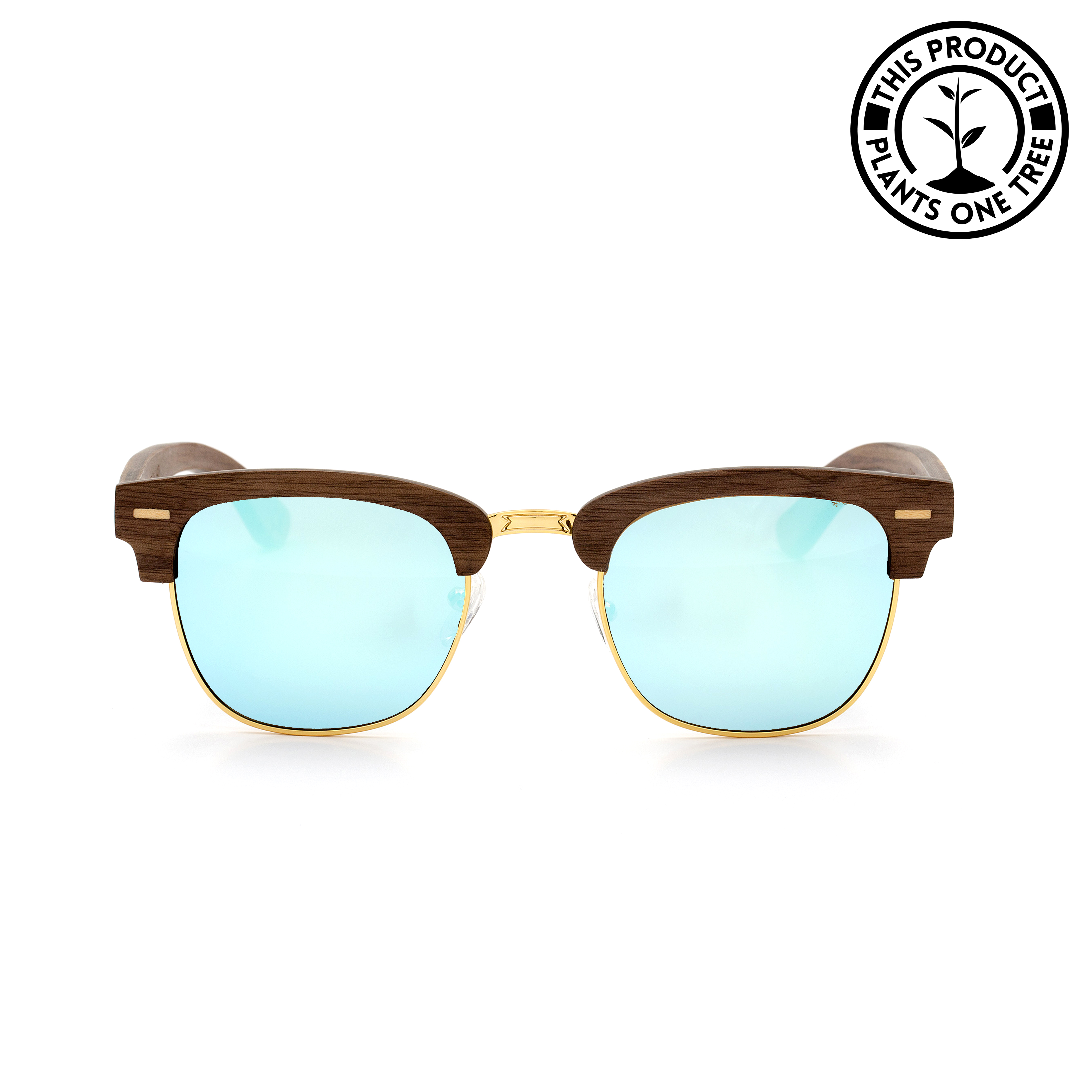 Clubmaster-Walnut-Wood-frame-Sunglasses-with-Ice Blue-lens-front-shot