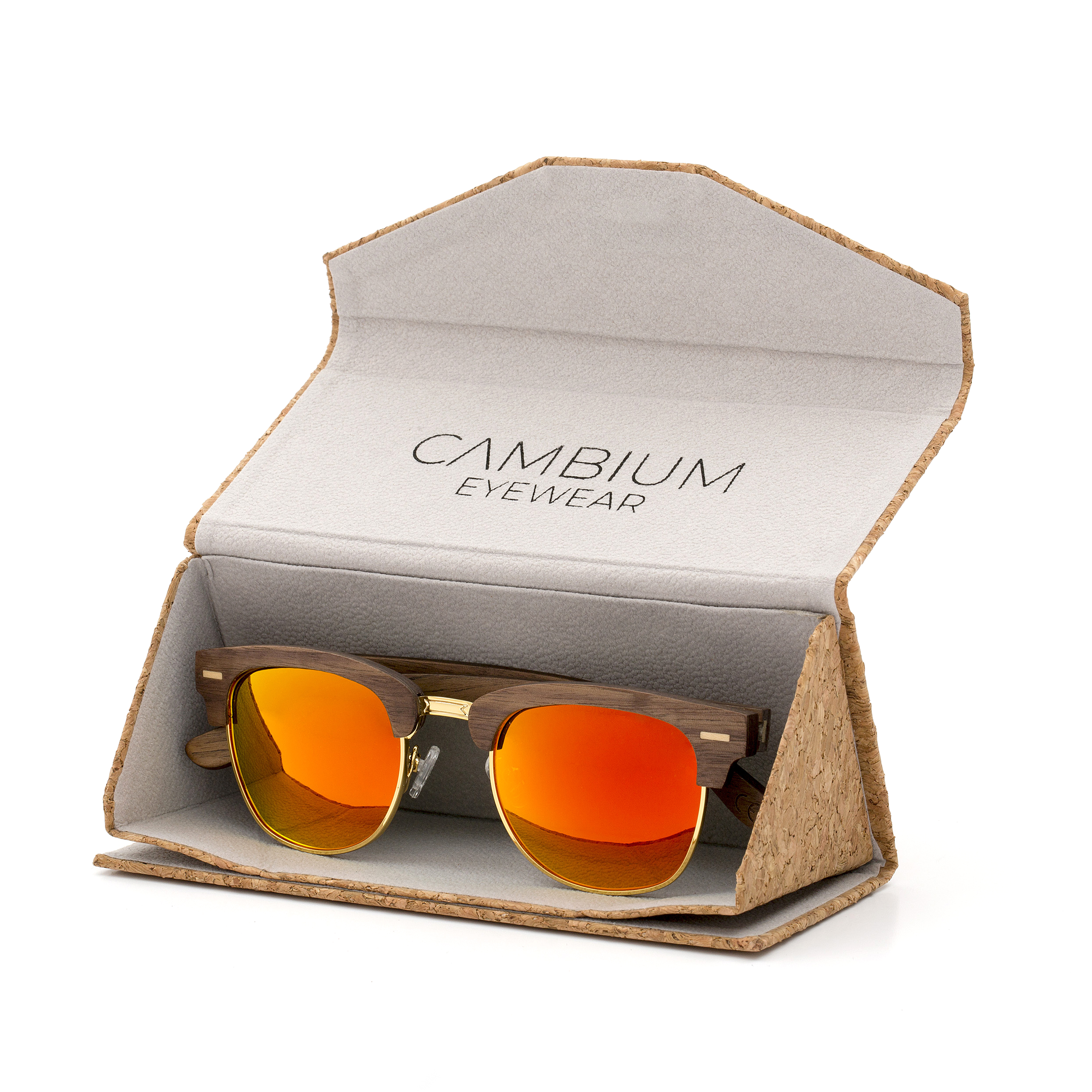 Clubmaster-Walnut-Wood-frame-Sunglasses-with-Sunset Red-lens-cork-case-shot