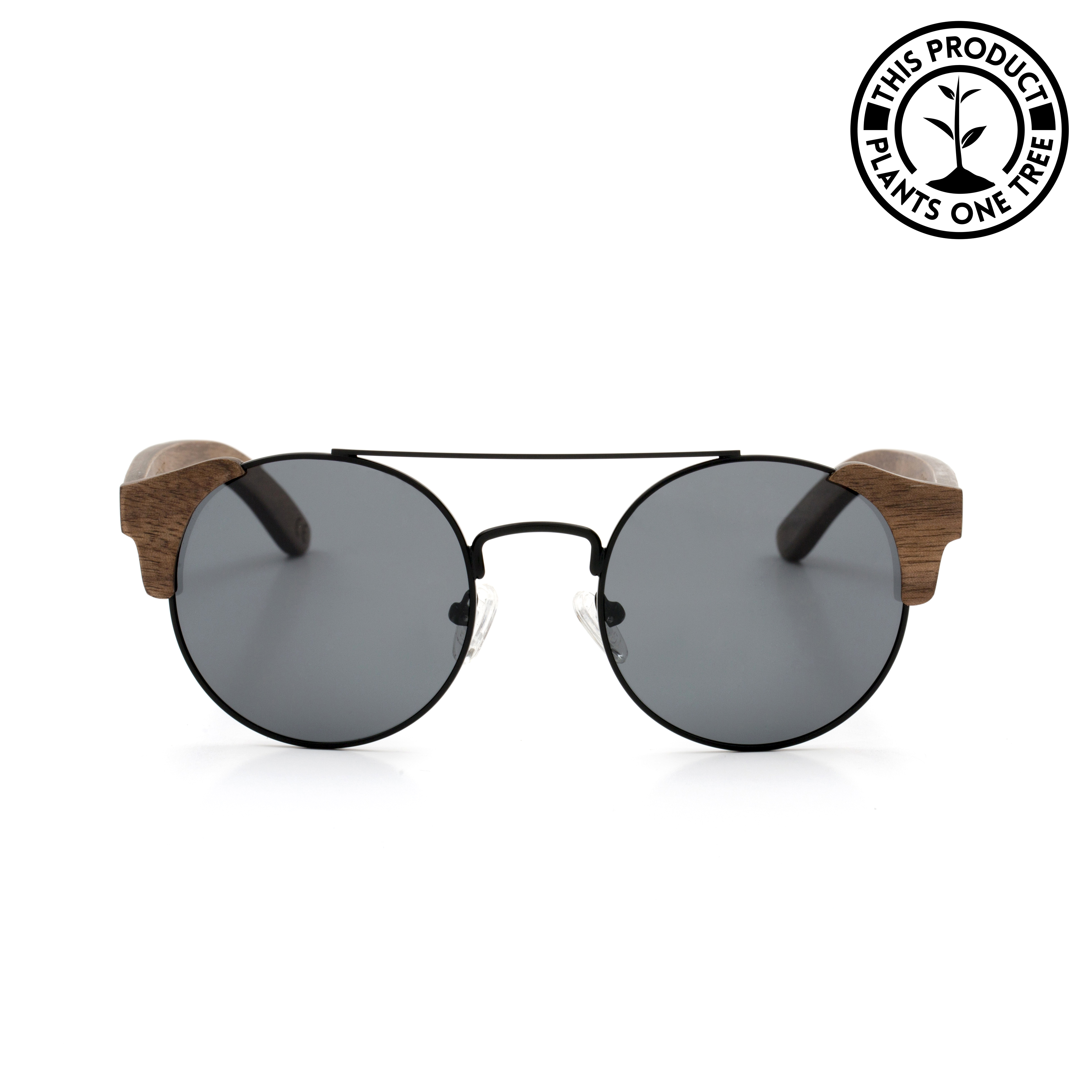 Vintage-Shape-Walnut-Wood-frame-Sunglasses-with-Black-lens-front-shot
