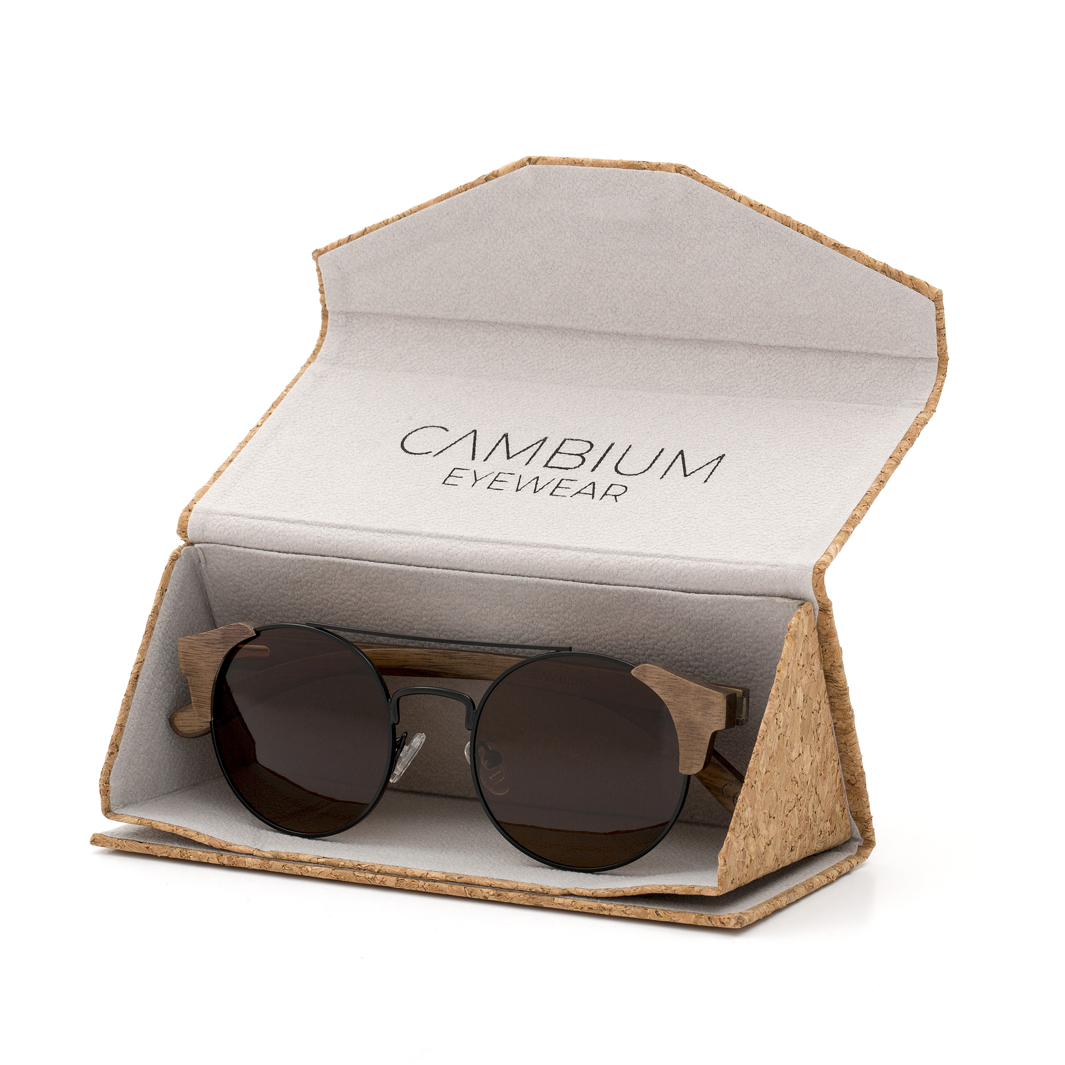 Vintage-Shape-Walnut-Wood-frame-Sunglasses-with-Brown-lens-cork-case-shot