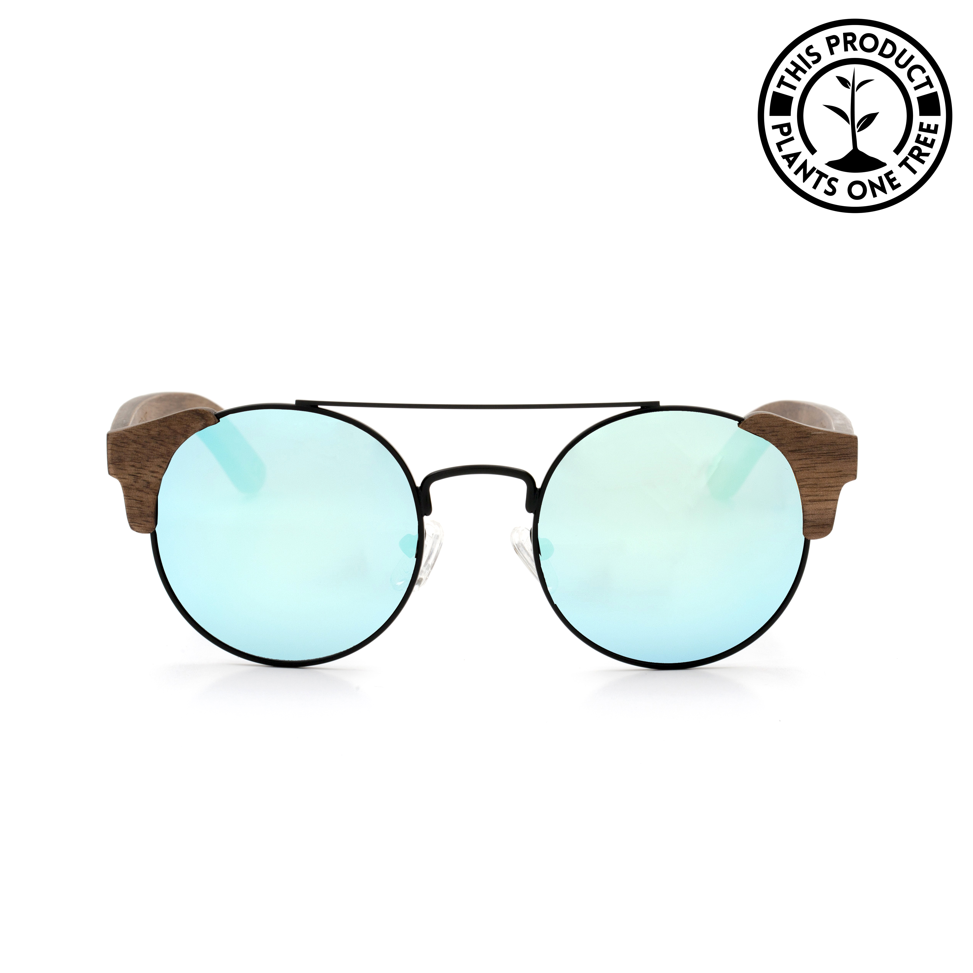 Vintage-Shape-Walnut-Wood-frame-Sunglasses-with-Ice-Blue-lens-front-shot