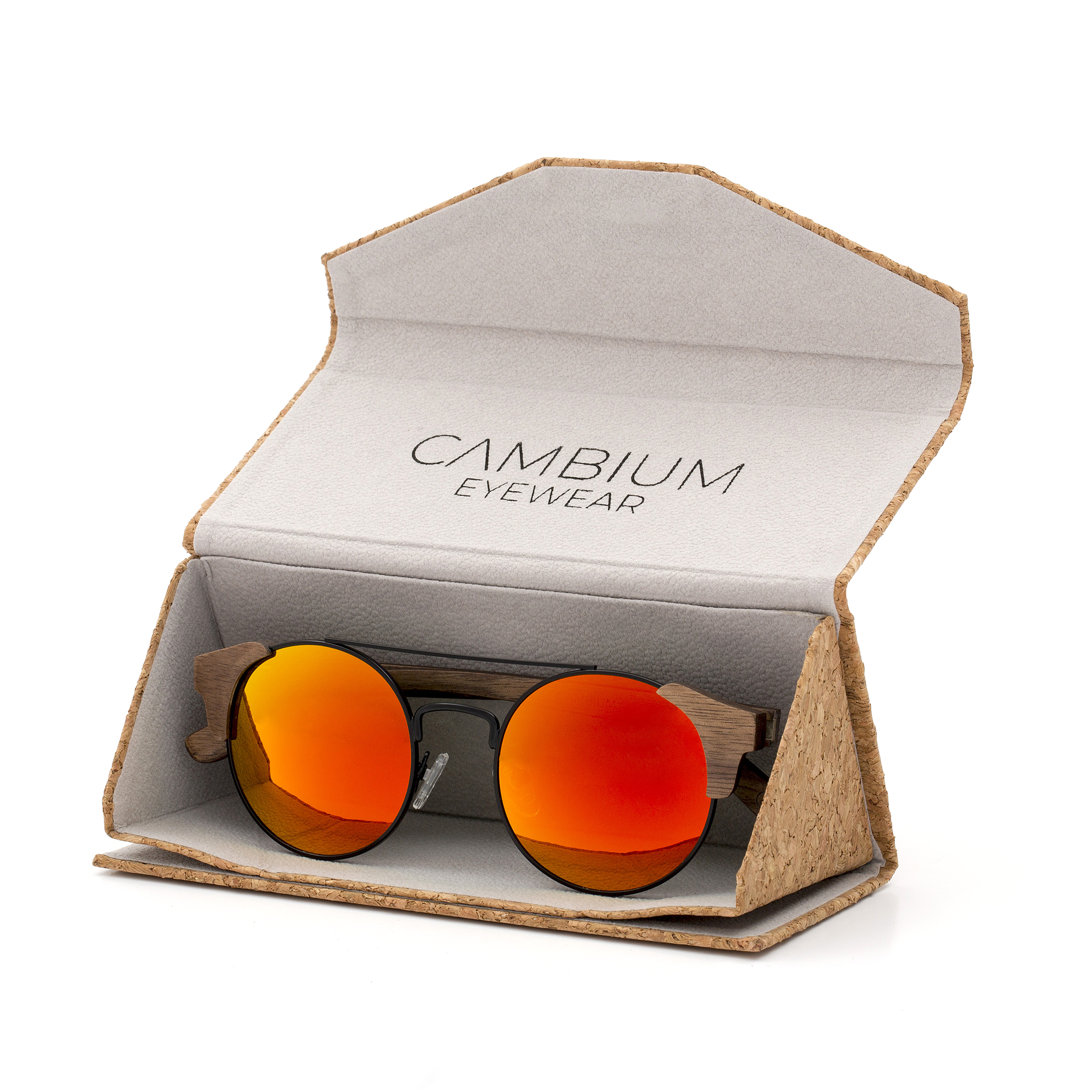 Vintage-Shape-Walnut-Wood-frame-Sunglasses-with-Sunset-Red-lens-cork-case-shot