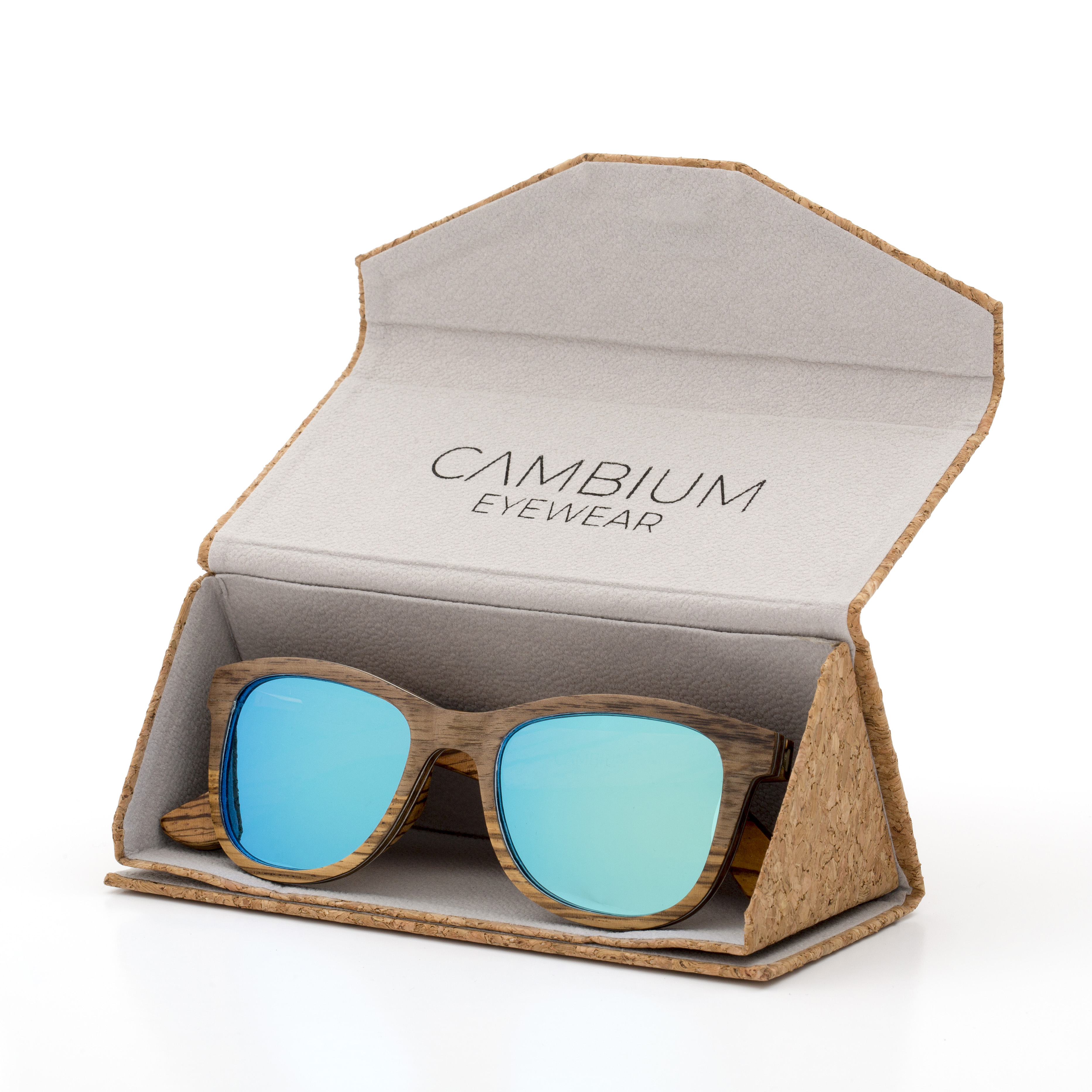 Wayfarer-Walnut-and-Zebrano-Wood-frame-Sunglasses-with-Ice-Blue-lens-cork-case-shot