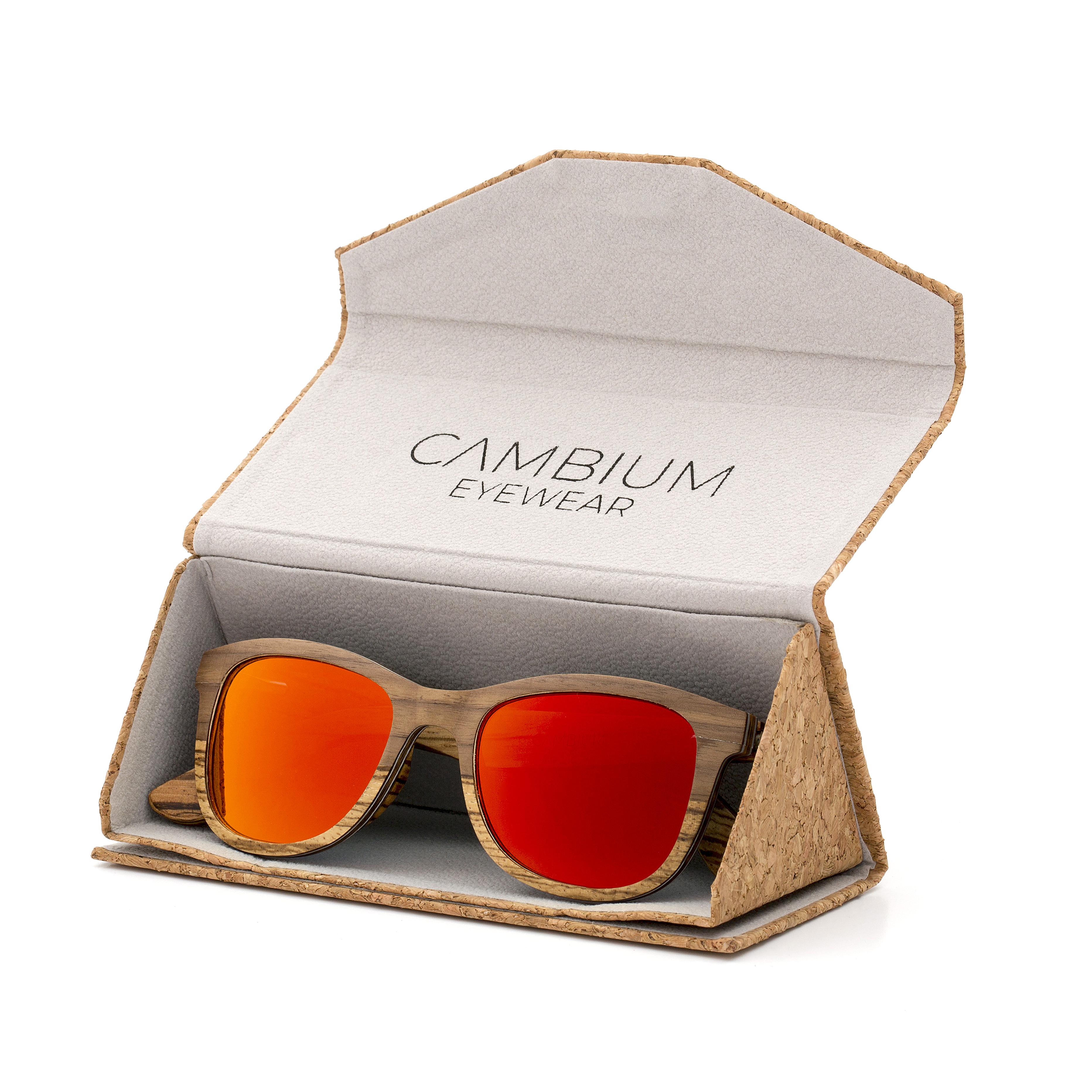 Wayfarer-Walnut-and-Zebrano-Wood-frame-Sunglasses-with-Sunset-Red-lens-cork-case-shot