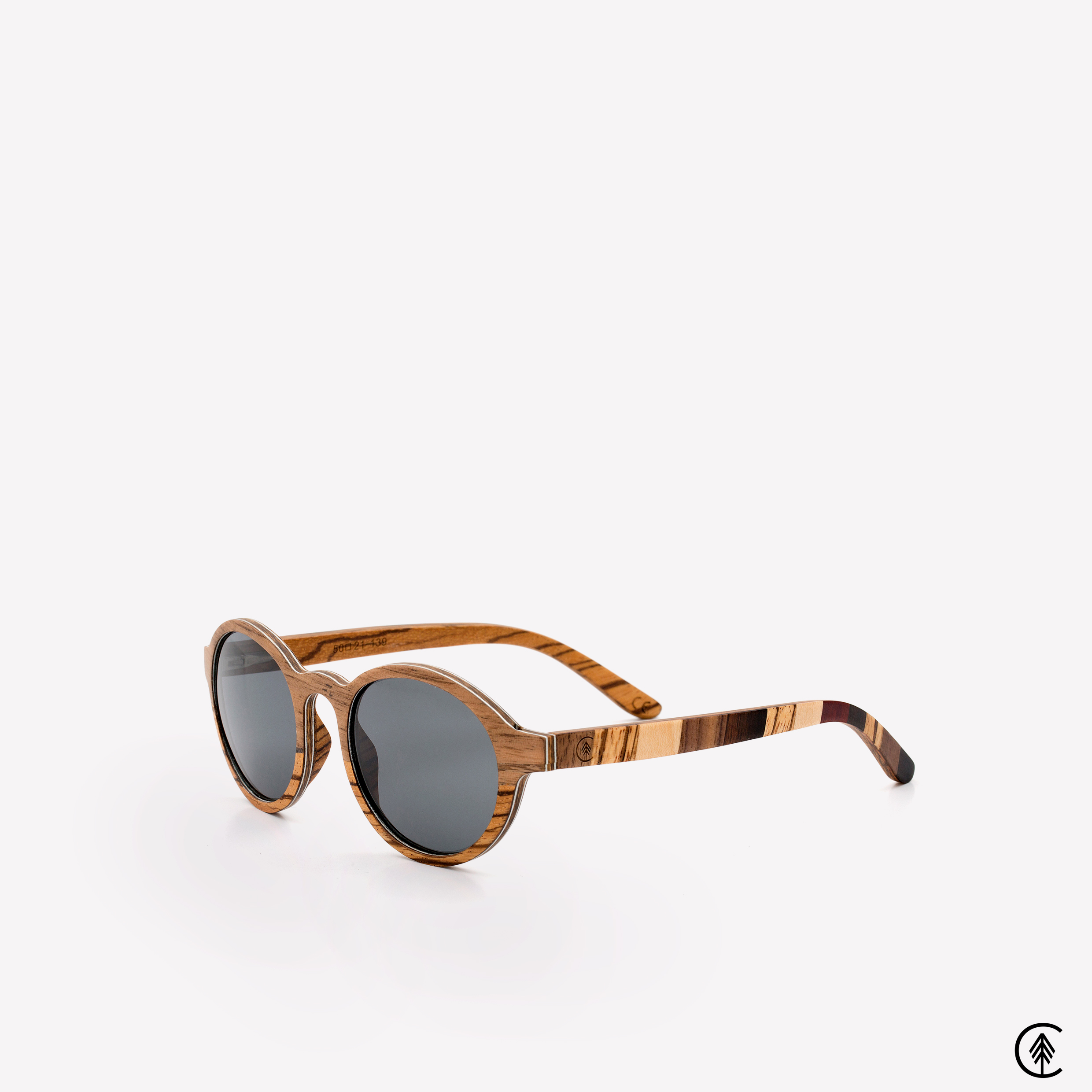 Circular-Walnut-and-Zebrano-Wood-frame-Sunglasses-with-black-lens-angle-shot-grey