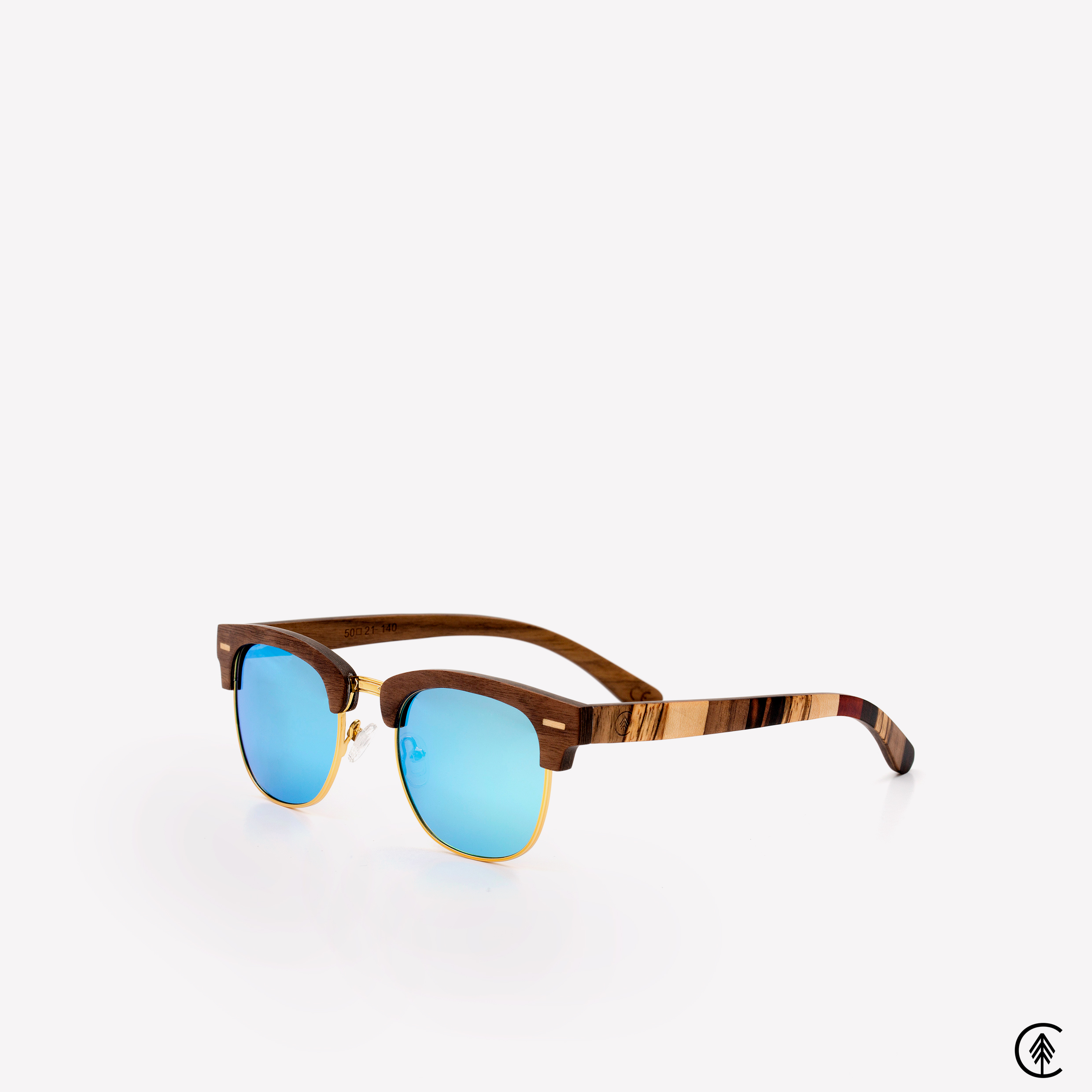 Clubmaster-Walnut-Wood-frame-Sunglasses-with-Ice Blue-lens-angle-shot-grey