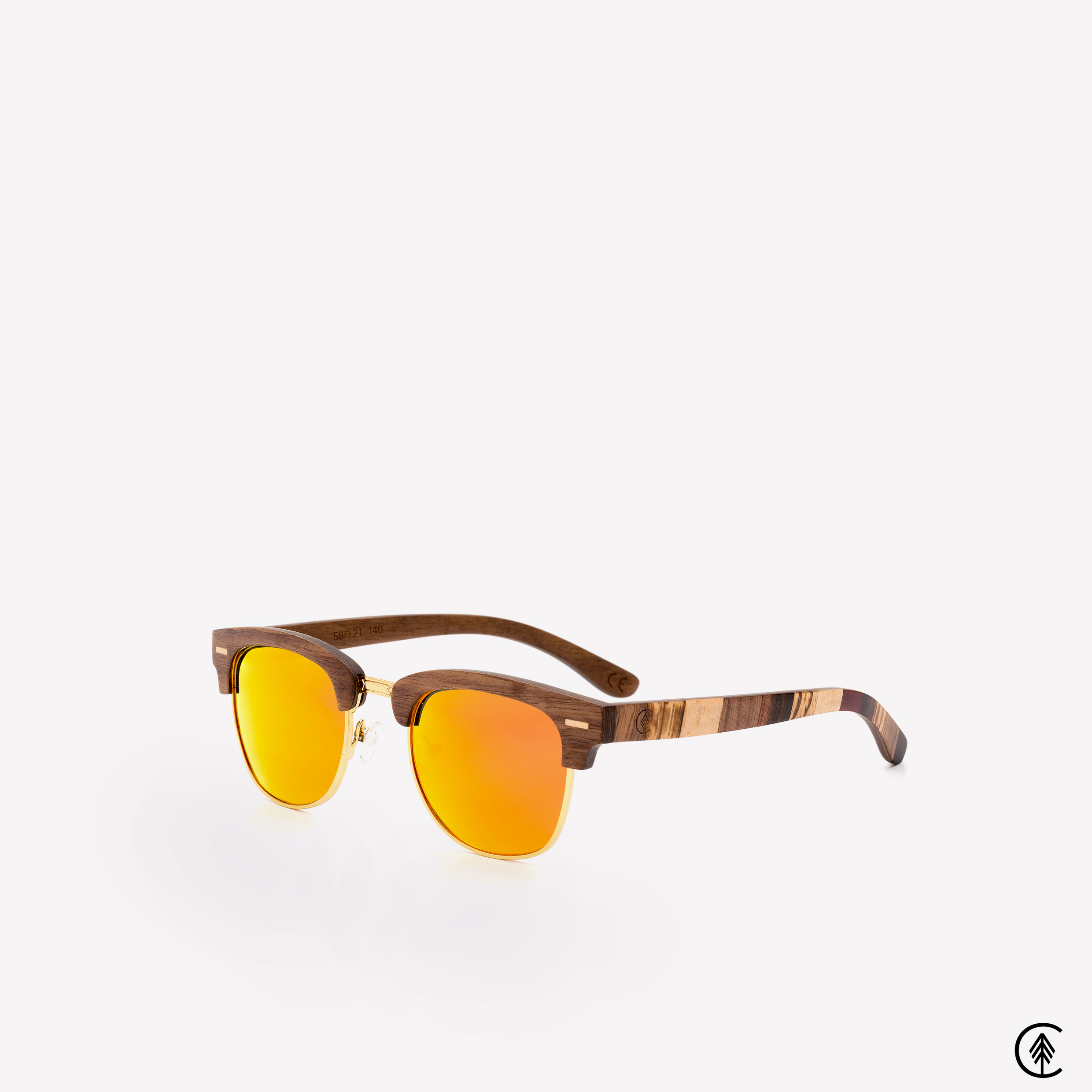 Clubmaster-Walnut-Wood-frame-Sunglasses-with-Sunset Red-lens-angle-shot-grey