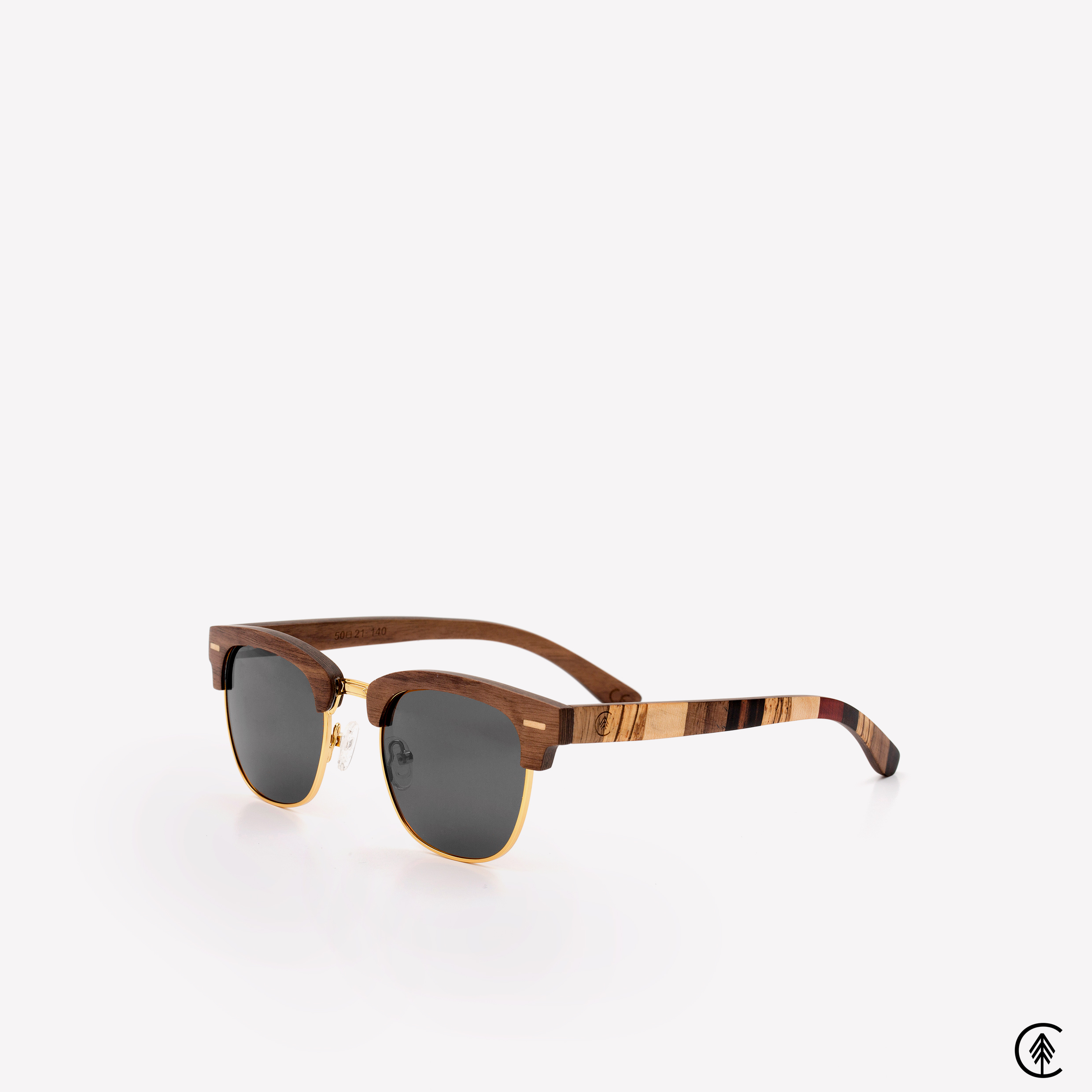Clubmaster-Walnut-Wood-frame-Sunglasses-with-black-lens-angle-shot-grey