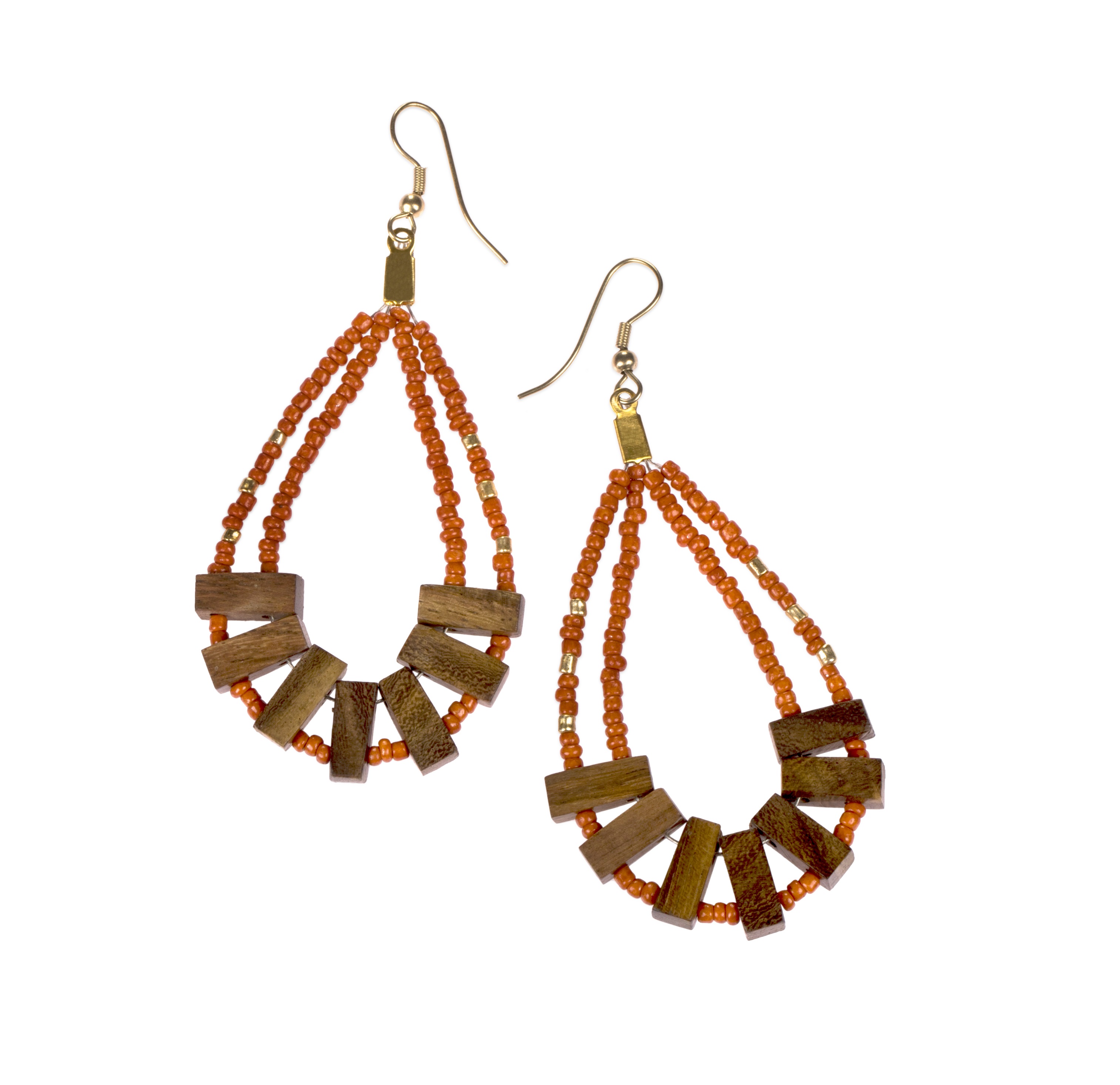 Mallika earrings Statement drop earrings that are rustic and daring. An unusual combination of rust coloured glass beads and dark wood.