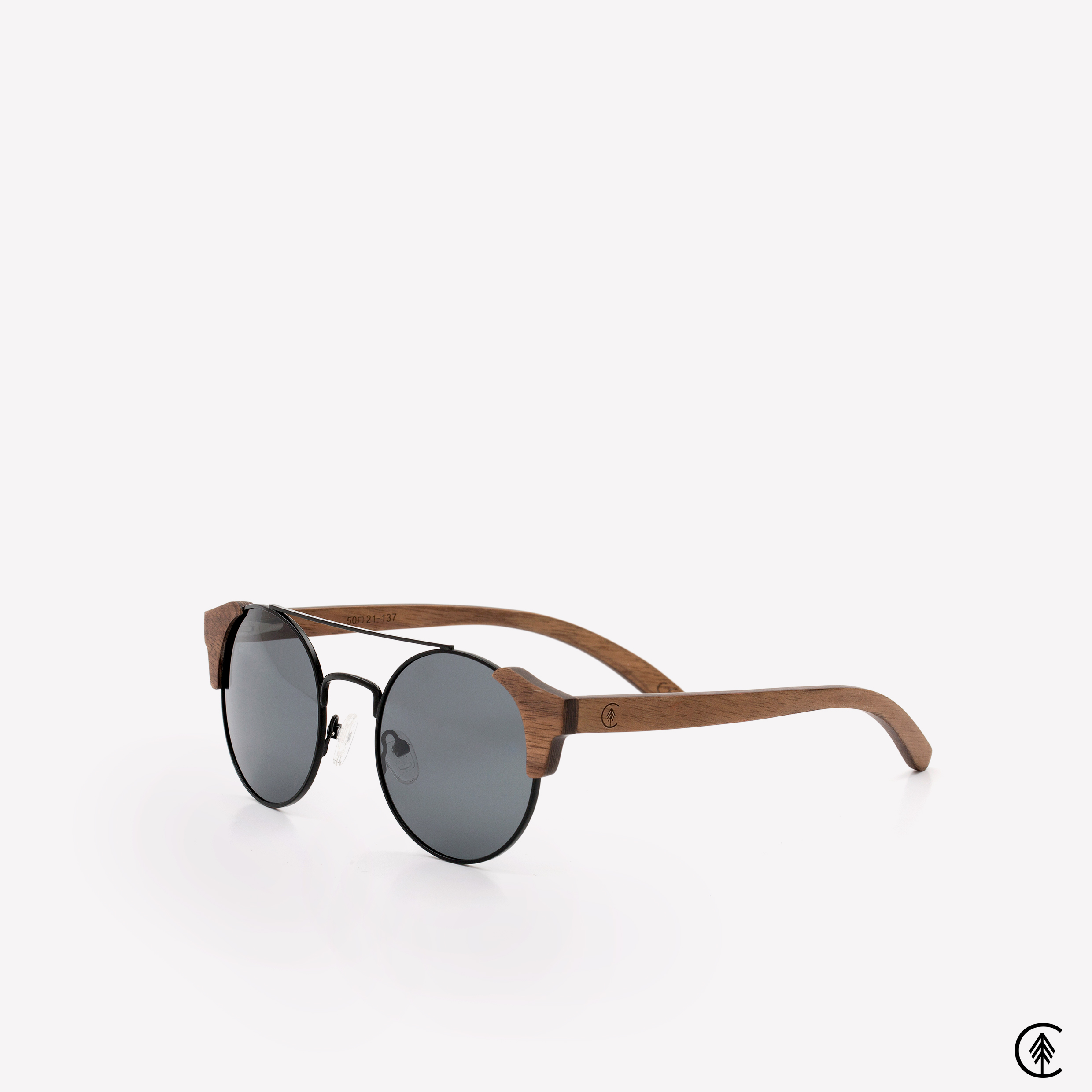 Vintage-Shape-Walnut-Wood-frame-Sunglasses-with-Black-lens-angle-shot-grey