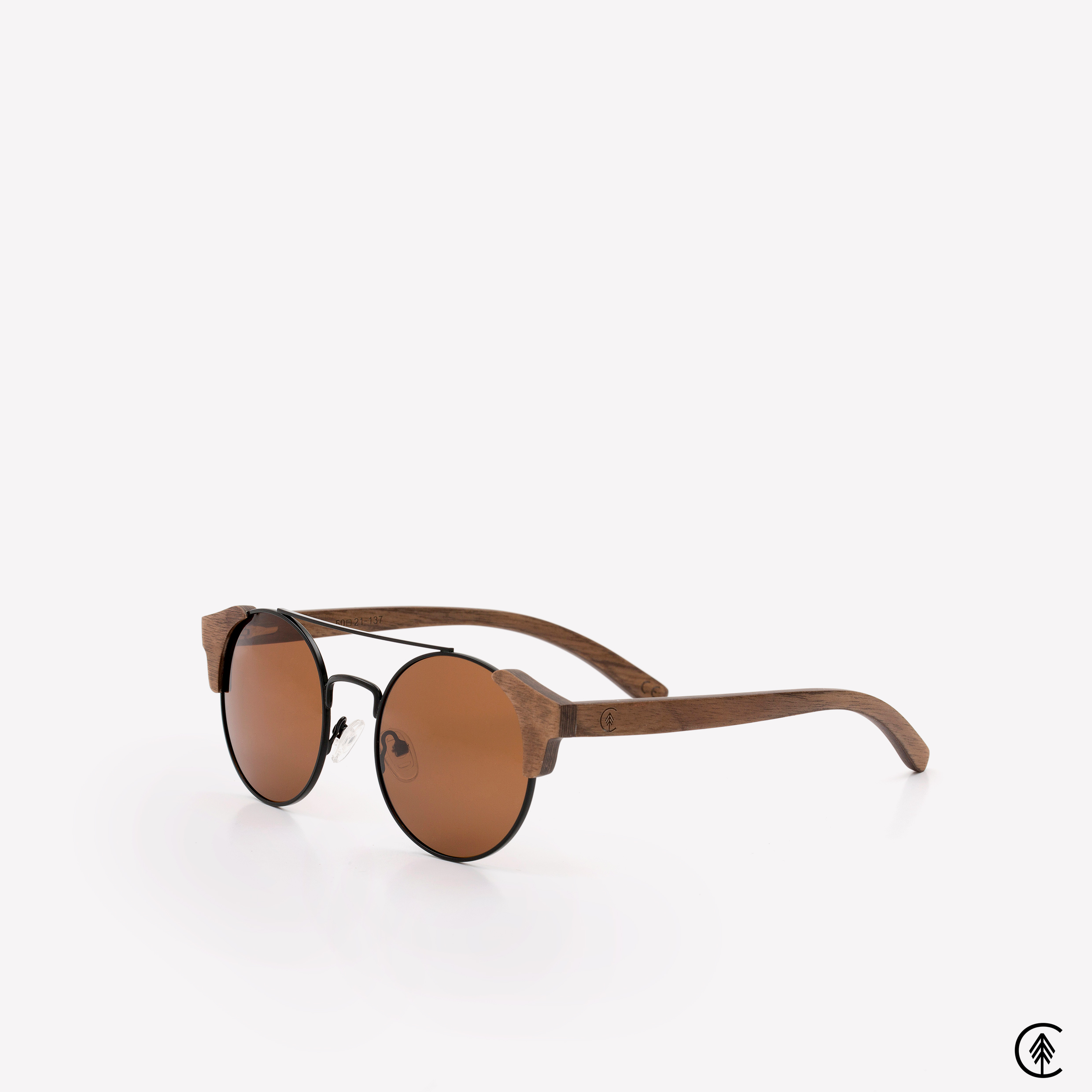 Vintage-Shape-Walnut-Wood-frame-Sunglasses-with-Brown-lens-angle-shot-grey