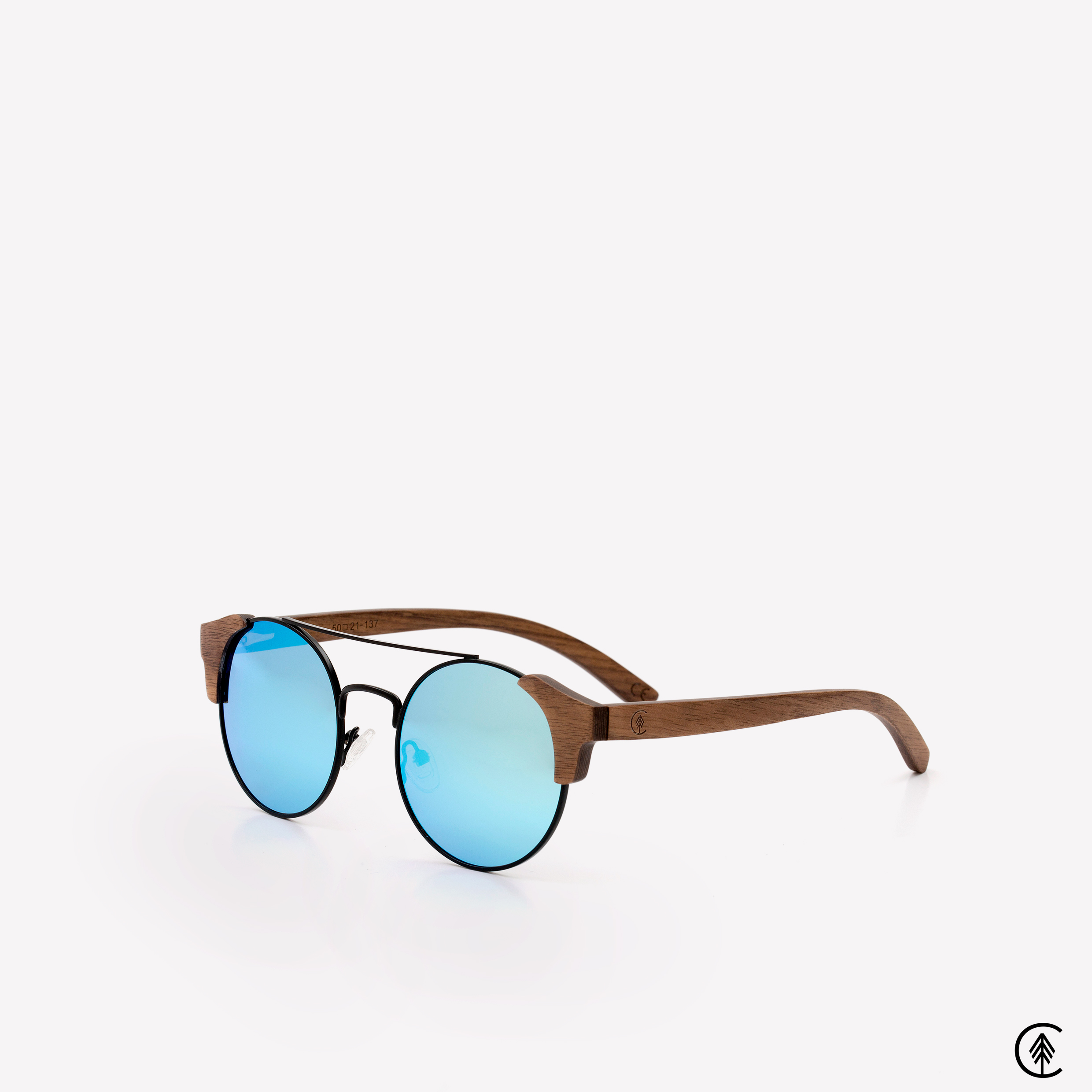 Vintage-Shape-Walnut-Wood-frame-Sunglasses-with-Ice-Blue-lens-angle-shot-grey