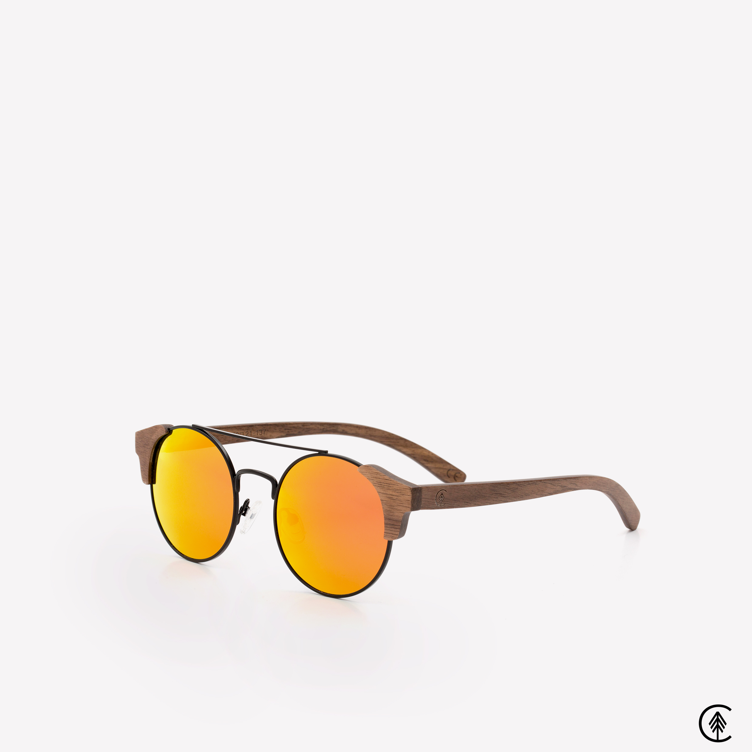 Vintage-Shape-Walnut-Wood-frame-Sunglasses-with-Sunset-Red-lens-angle-shot-grey