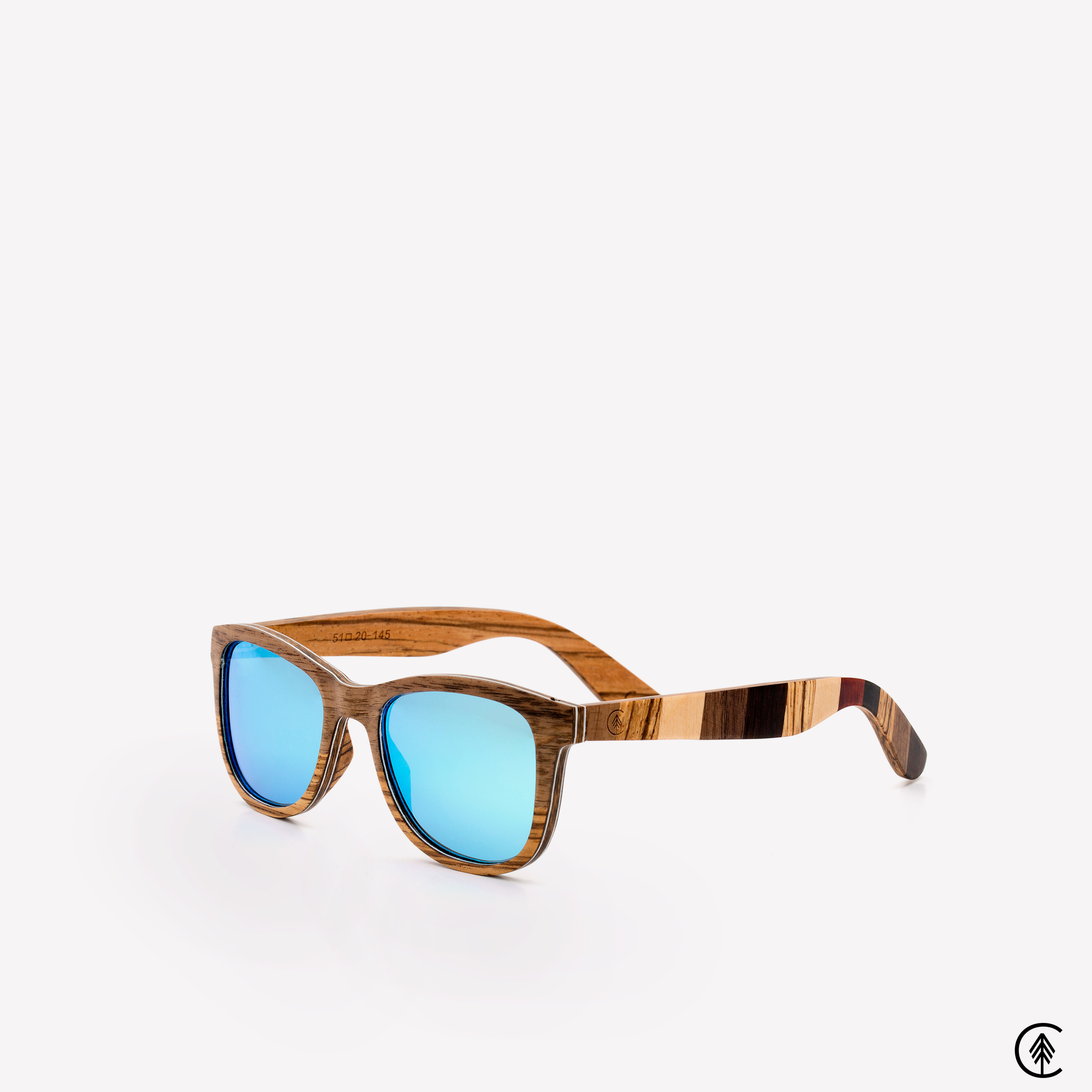 Wayfarer-Walnut-and-Zebrano-Wood-frame-Sunglasses-with-Ice-Blue-lens-angle-shot-grey