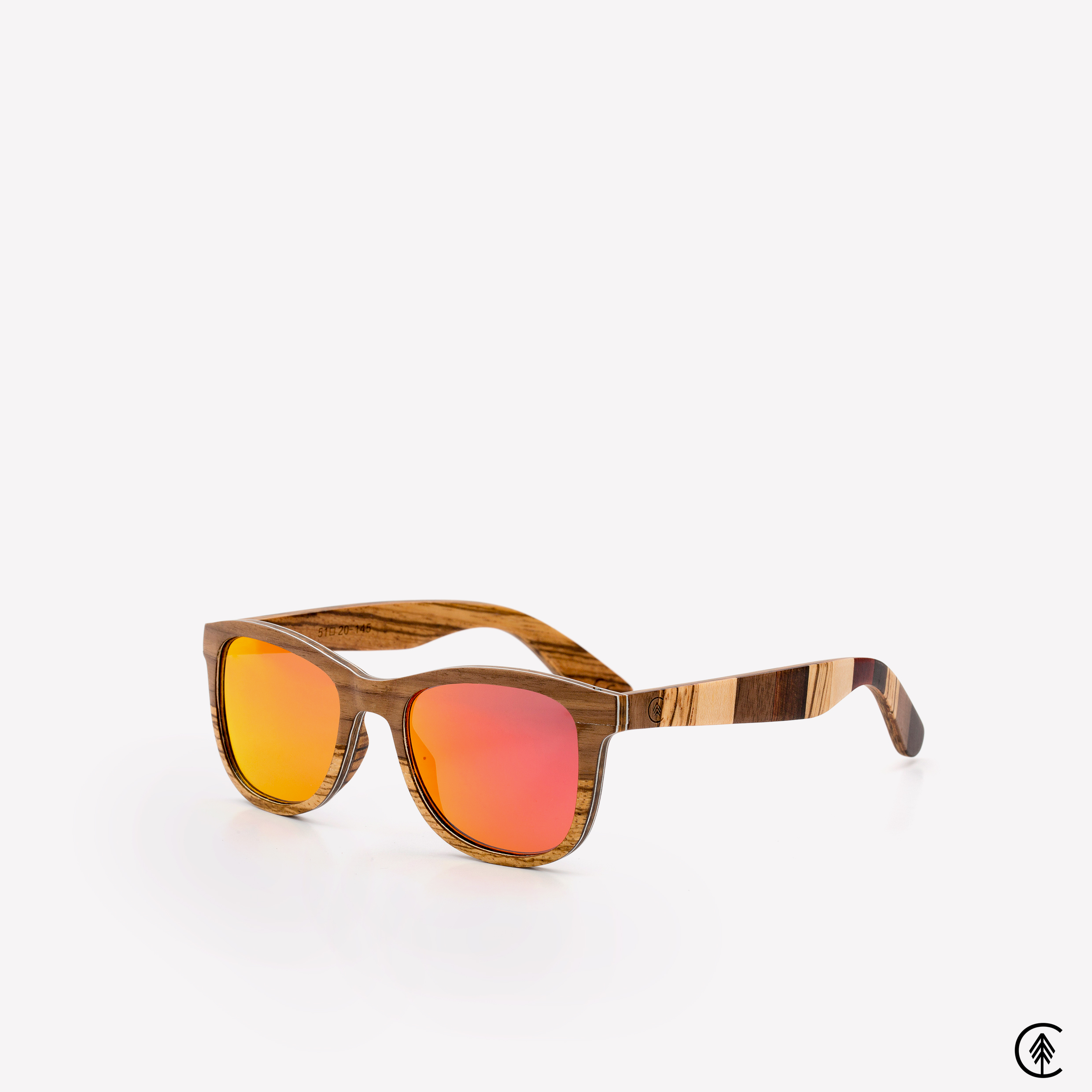 Wayfarer-Walnut-and-Zebrano-Wood-frame-Sunglasses-with-Sunset-Red-lens-angle-shot-grey