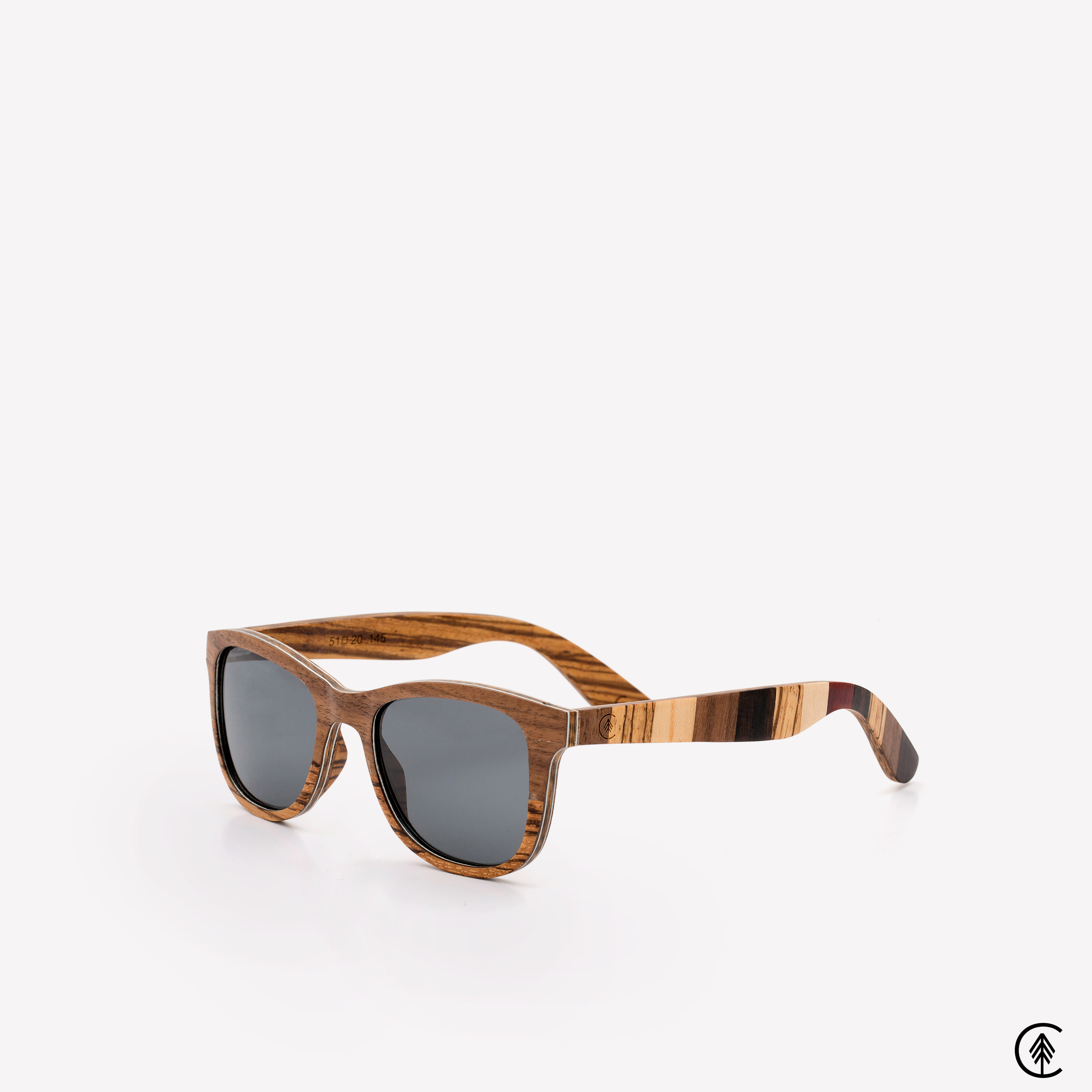 Wayfarer-Walnut-and-Zebrano-Wood-frame-Sunglasses-with-black-lens-angle-shot-grey