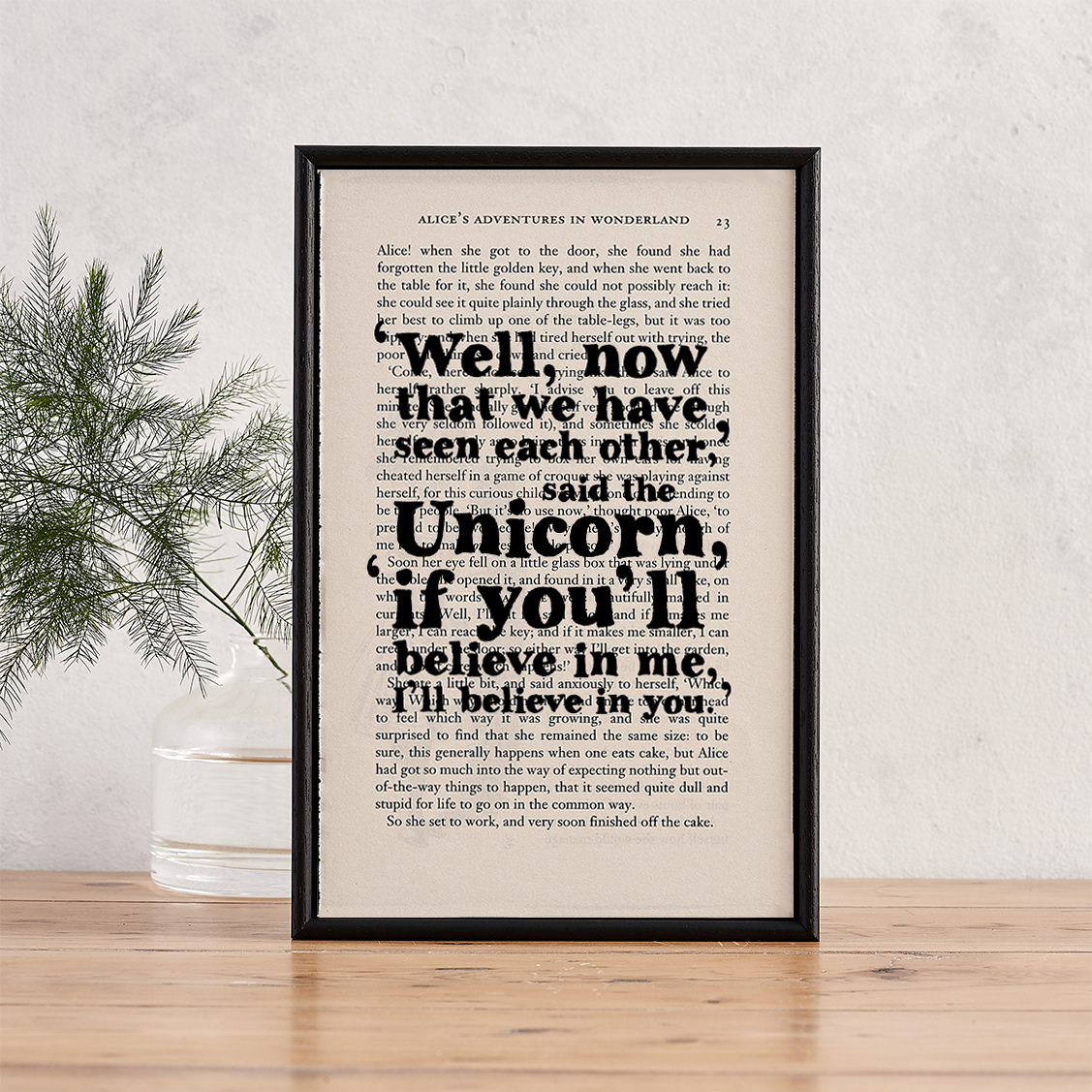 alice-in-wonderland-unicorn-quote-framed-book-page-art-bookishly 'If you believe in me, I'll believe in you' Book Page Art