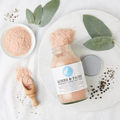 aches and pains himalayan bath salts with eycalyptus, marjoram, black pepper essential oils. 100% natural, muscle soak, wellness, ethical, zero waste, vegan, cruelty free