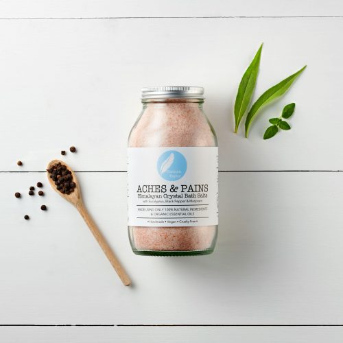 aches and pains himalayan bath salts with eycalyptus, marjoram, black pepper essential oils. 100% natural, muscle soak, wellness, ethical, zero waste, vegan, cruelty free